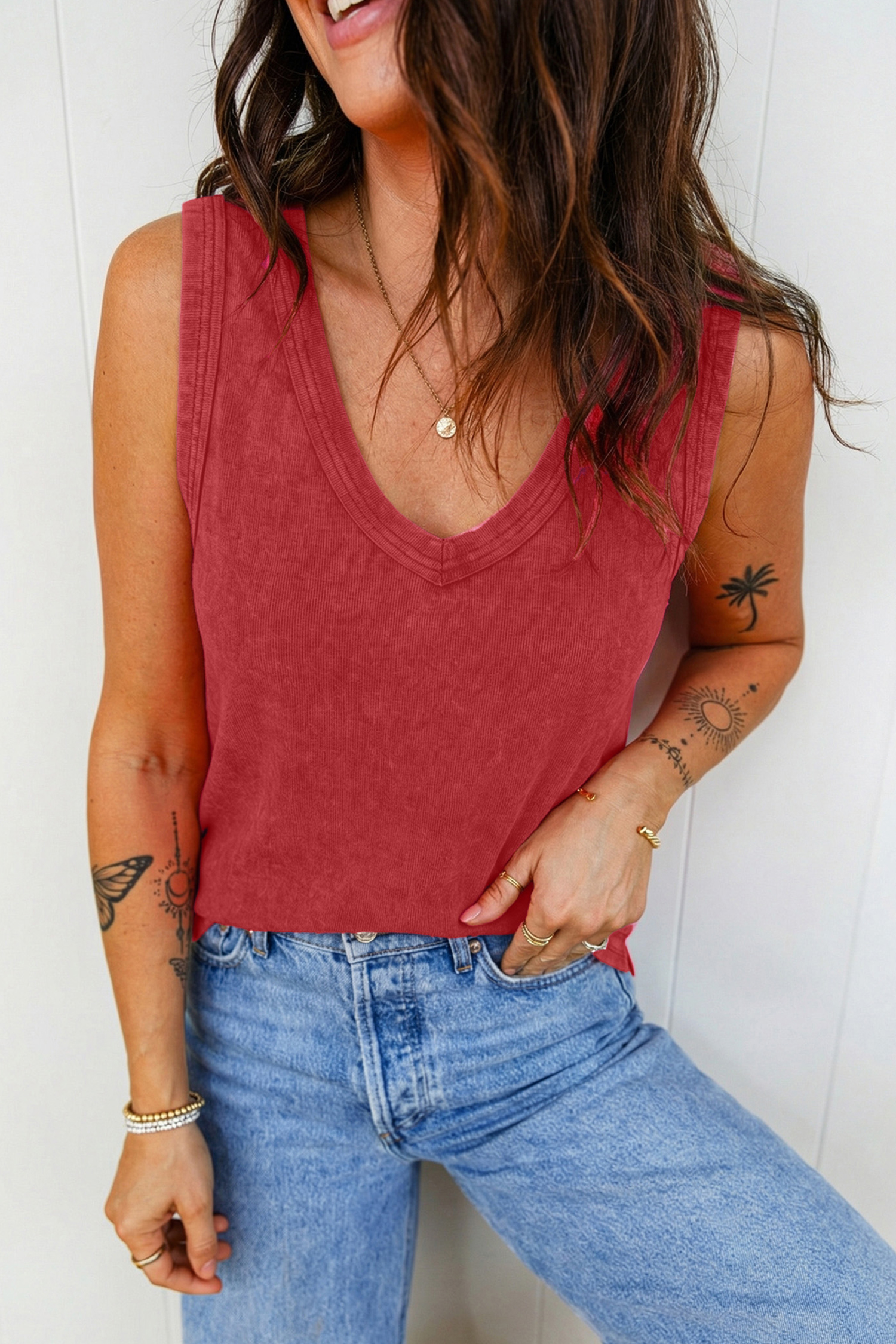Red Dahlia Mineral Wash V Neck Tank Top
