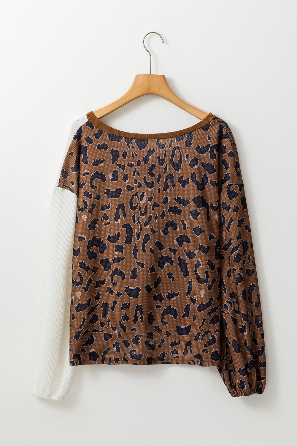 Brown Leopard Contrast Waffle Knit Twist Hem V Neck Top