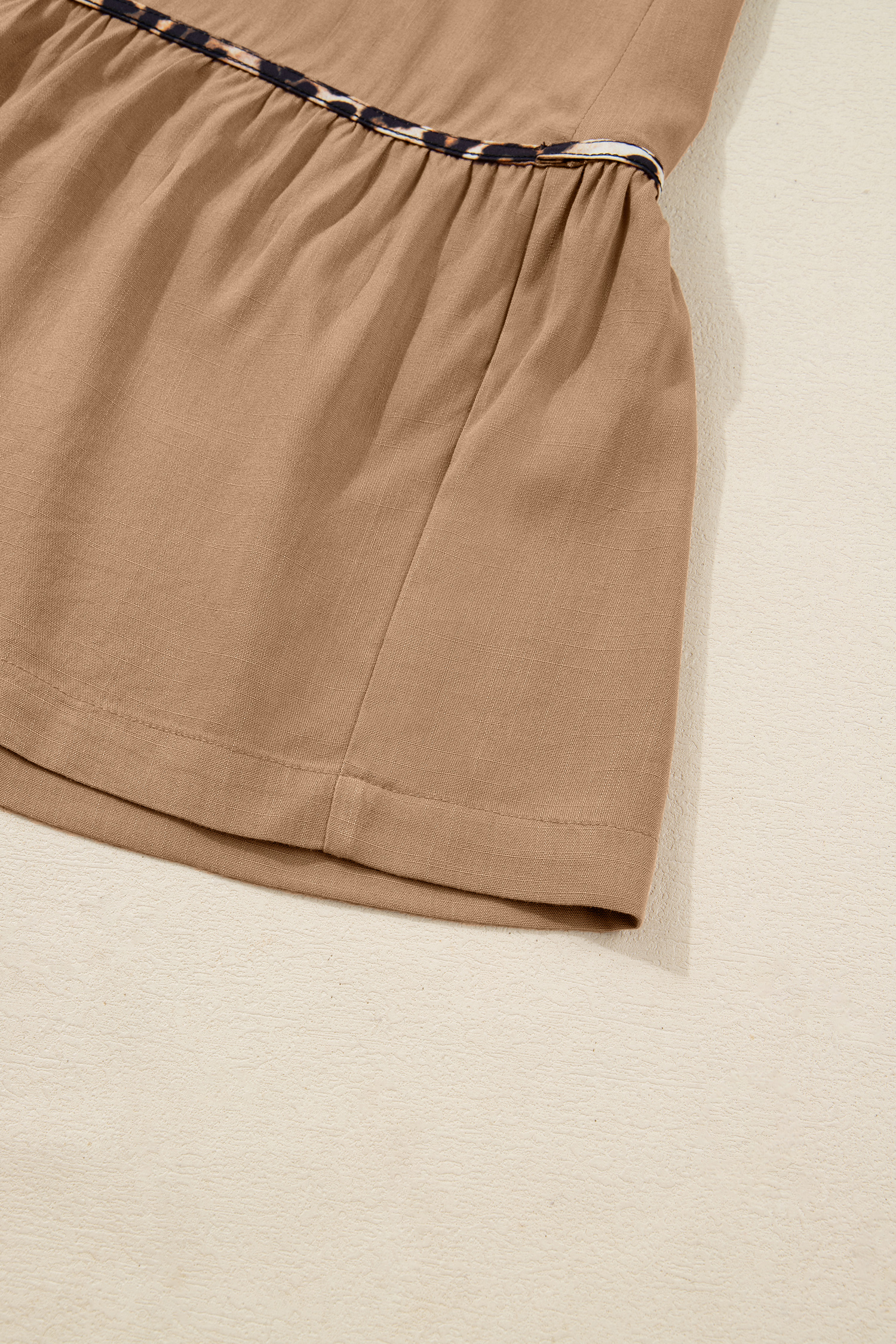 Four Leaf Clover Collared V Neck Smocked Detail Contrast Leopard Trim Bracelet Sleeve Long Dress