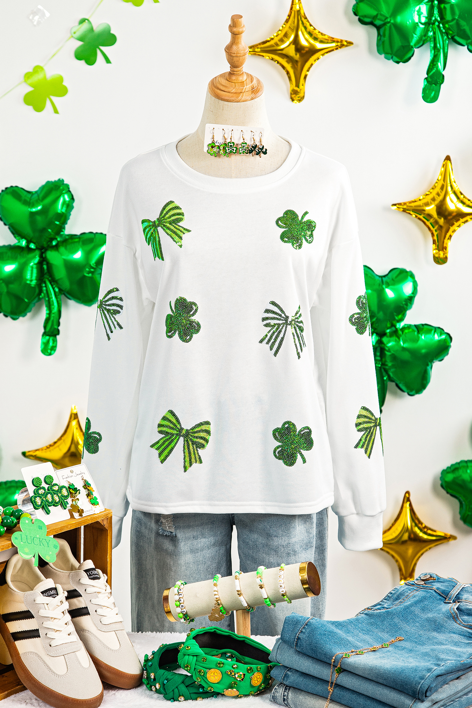 White LUCKY Clover Embroidered Long Sleeve Top