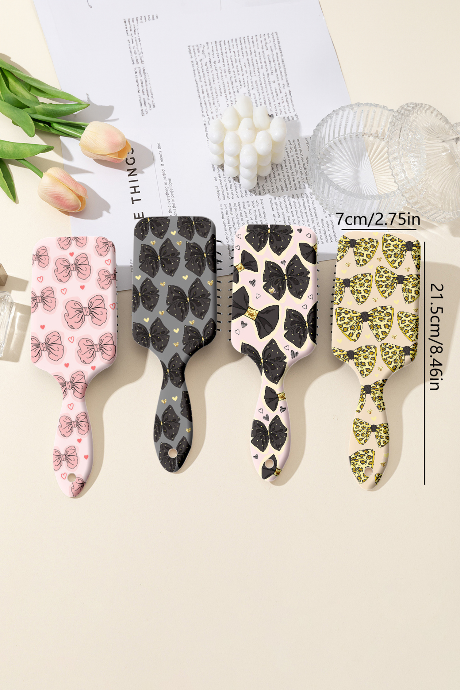 Pink Cute Bow Tiny Heart Printed Air Cushion Comb