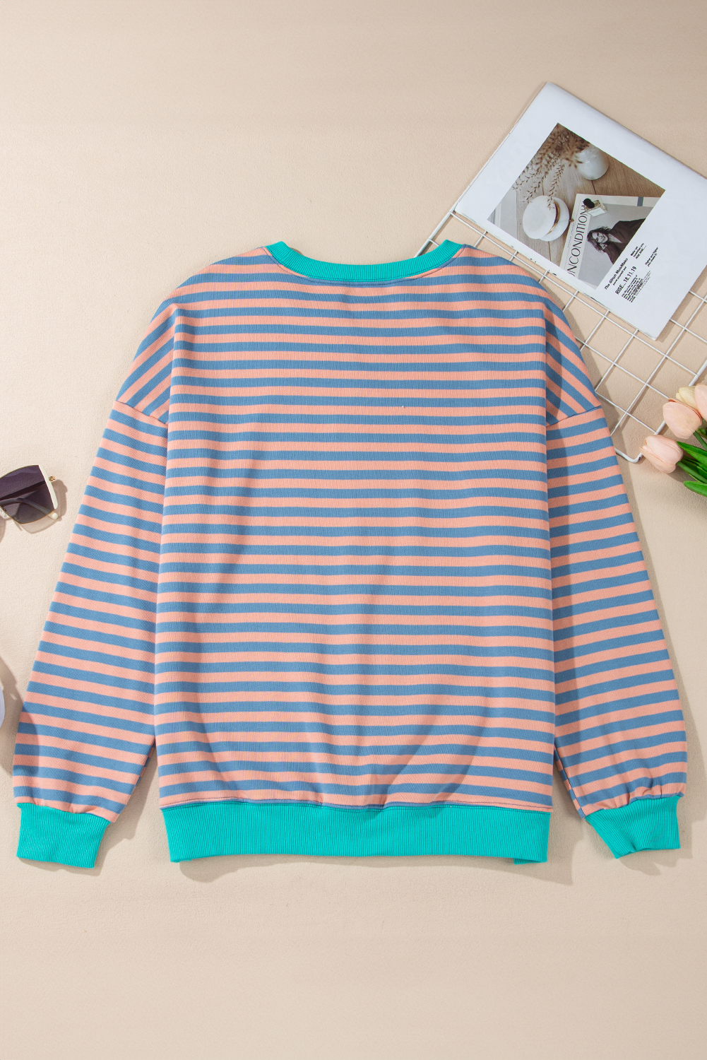 Red Stripe Contrast Ribbed Trim Crossed Stitch Drop Shoulder Sweatshirt