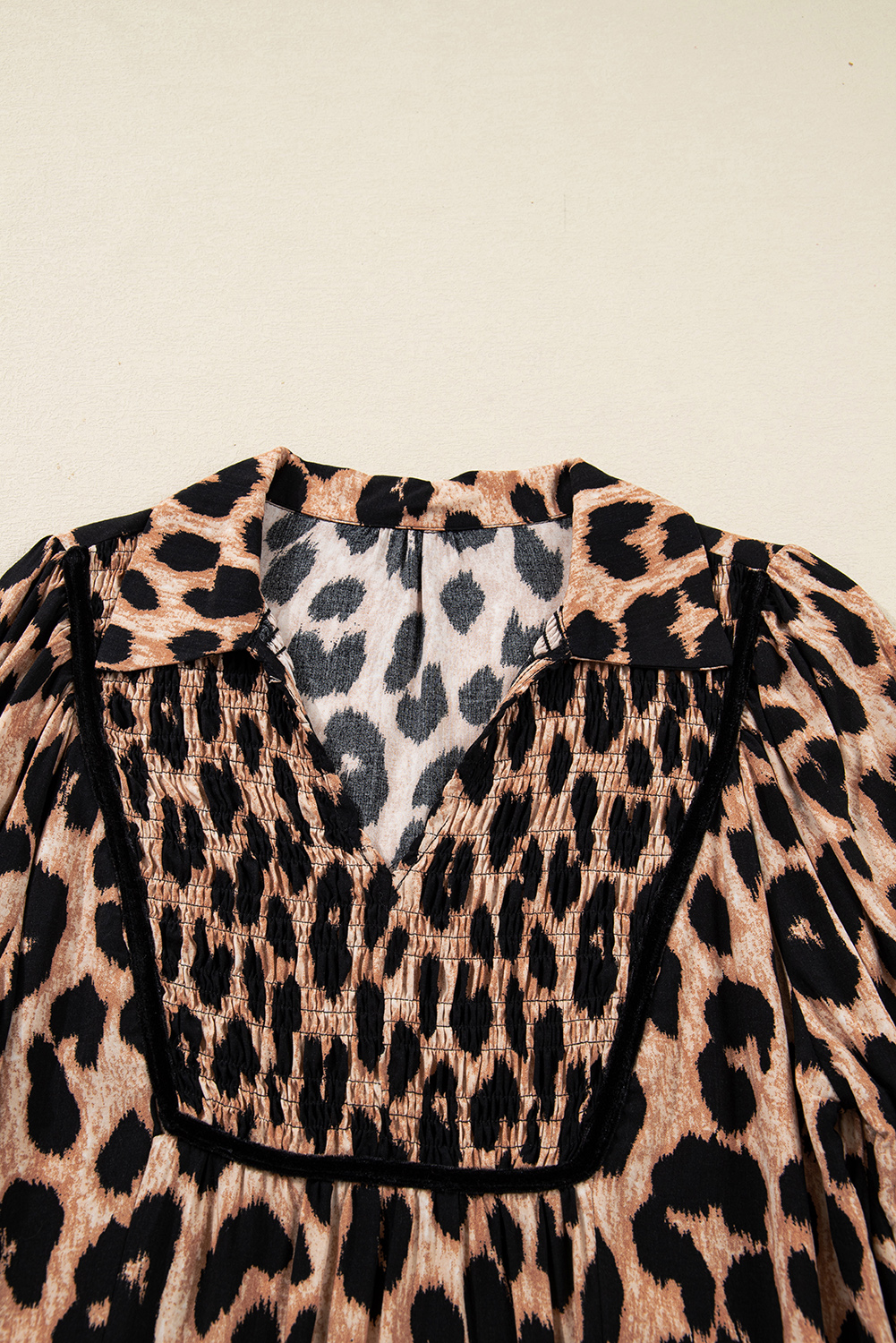 Four Leaf Clover Collared V Neck Smocked Detail Contrast Leopard Trim Bracelet Sleeve Long Dress