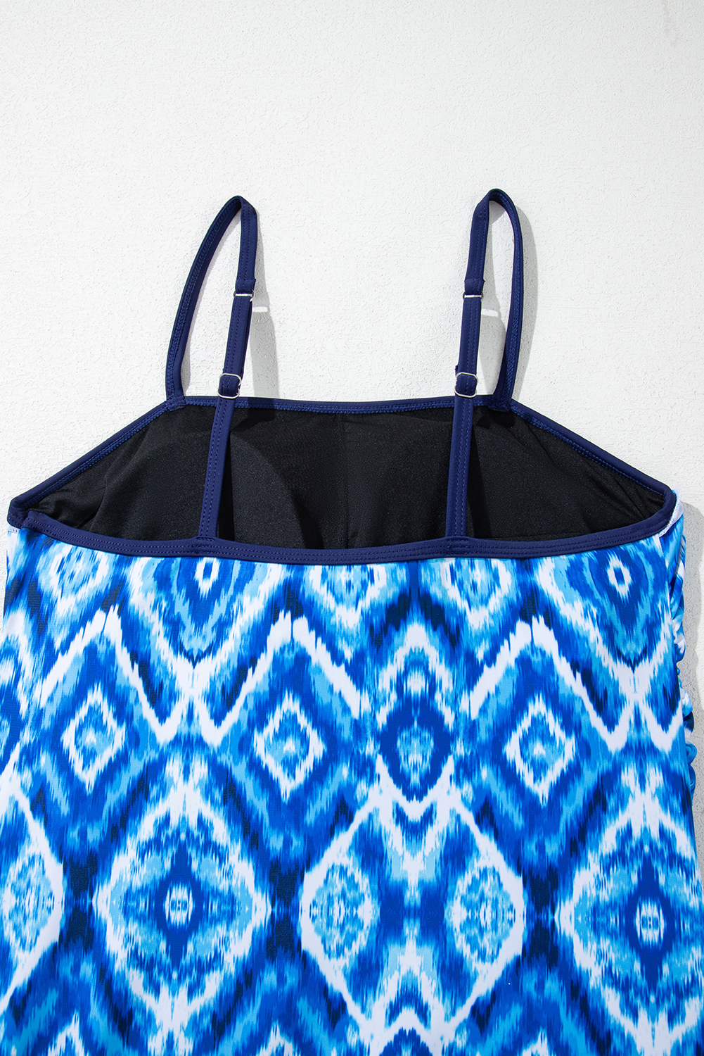 Navy Blue Abstract Print Frilled Trim Spaghetti Straps Tankini Set