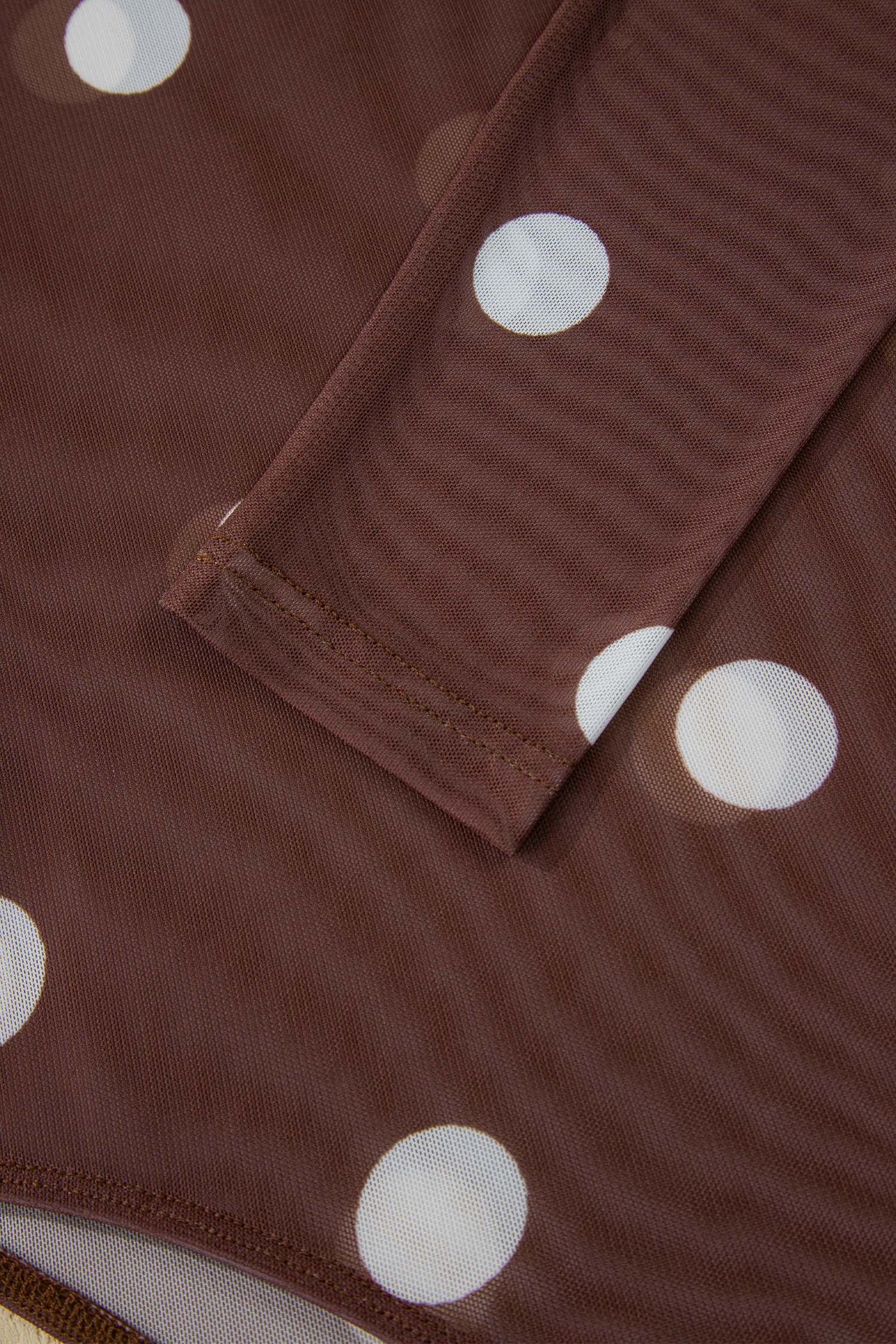 Brown Vintage Polka Dot Print Mesh Long Sleeve Bodysuit