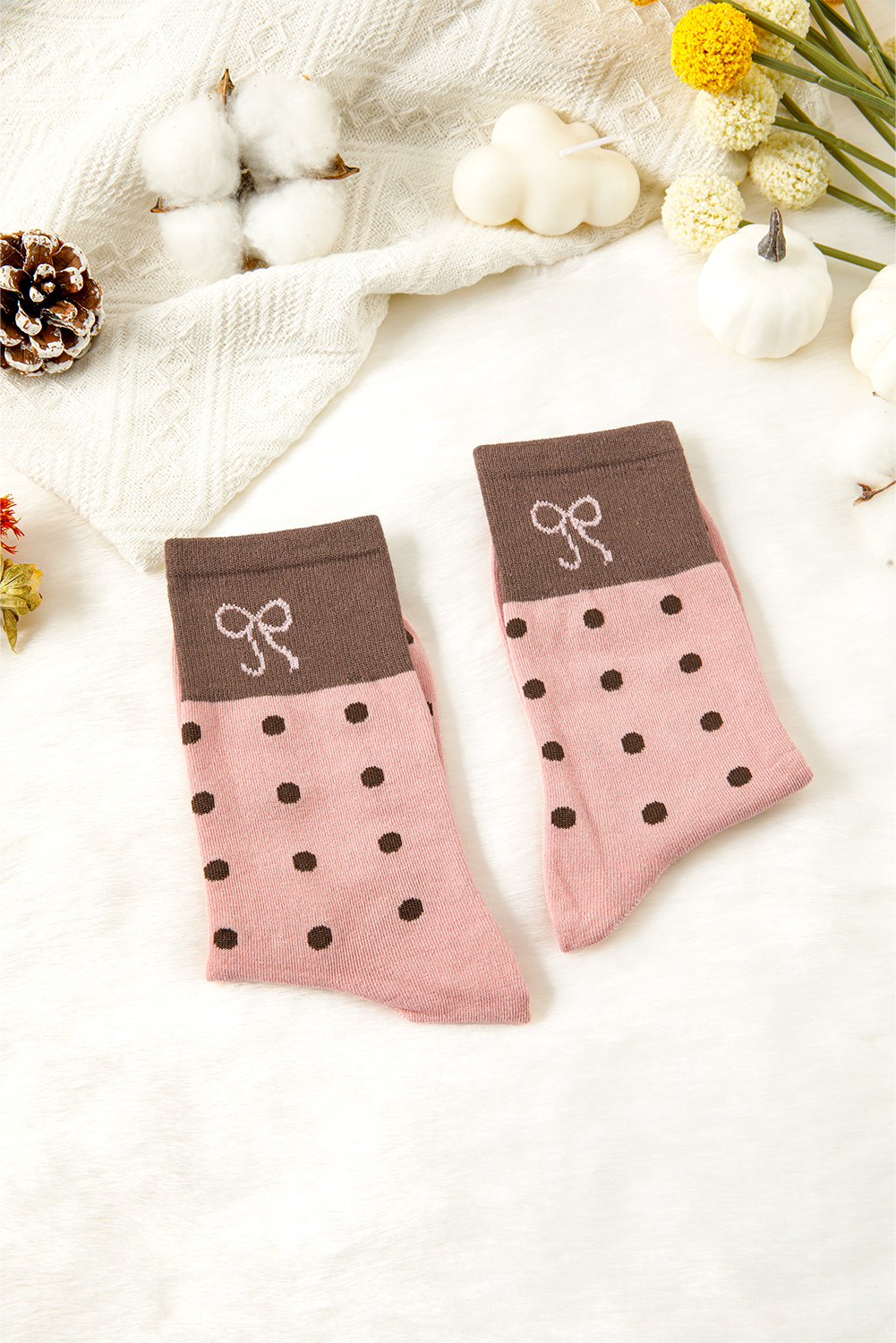 Blossom 1 Pairs Polka Dot Print Contrast Bow Block Socks