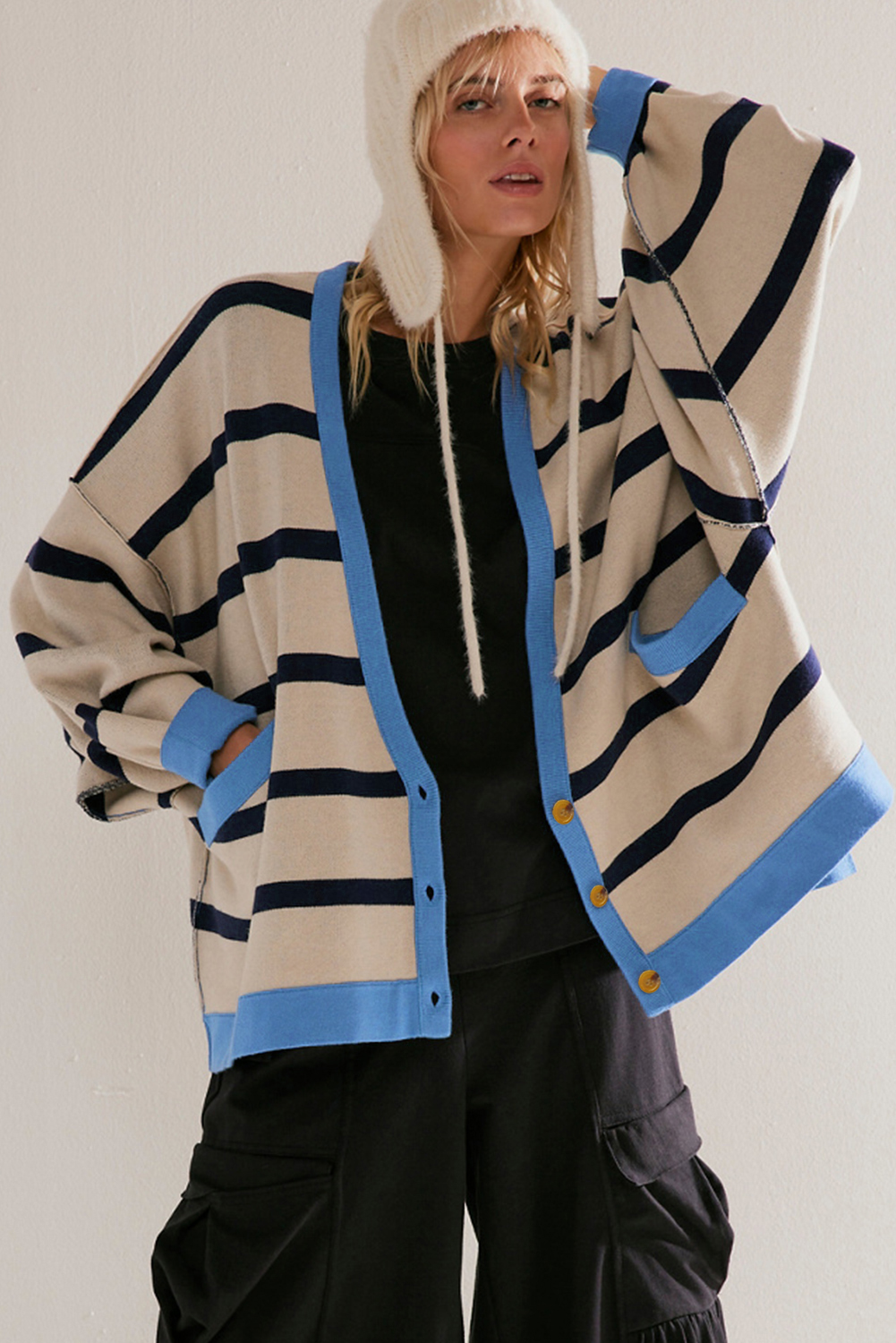 Pink Stripe Colorblock Drop Shoulder Buttoned Loose Cardigan