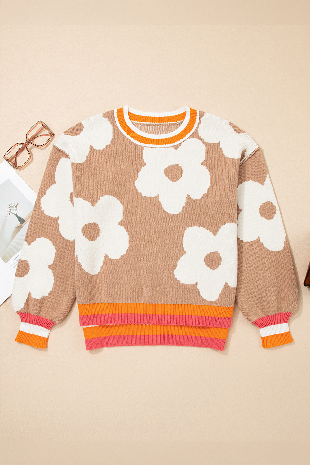 Smoke Gray Big Flower Pattern Contrast Striped Baggy Sweater