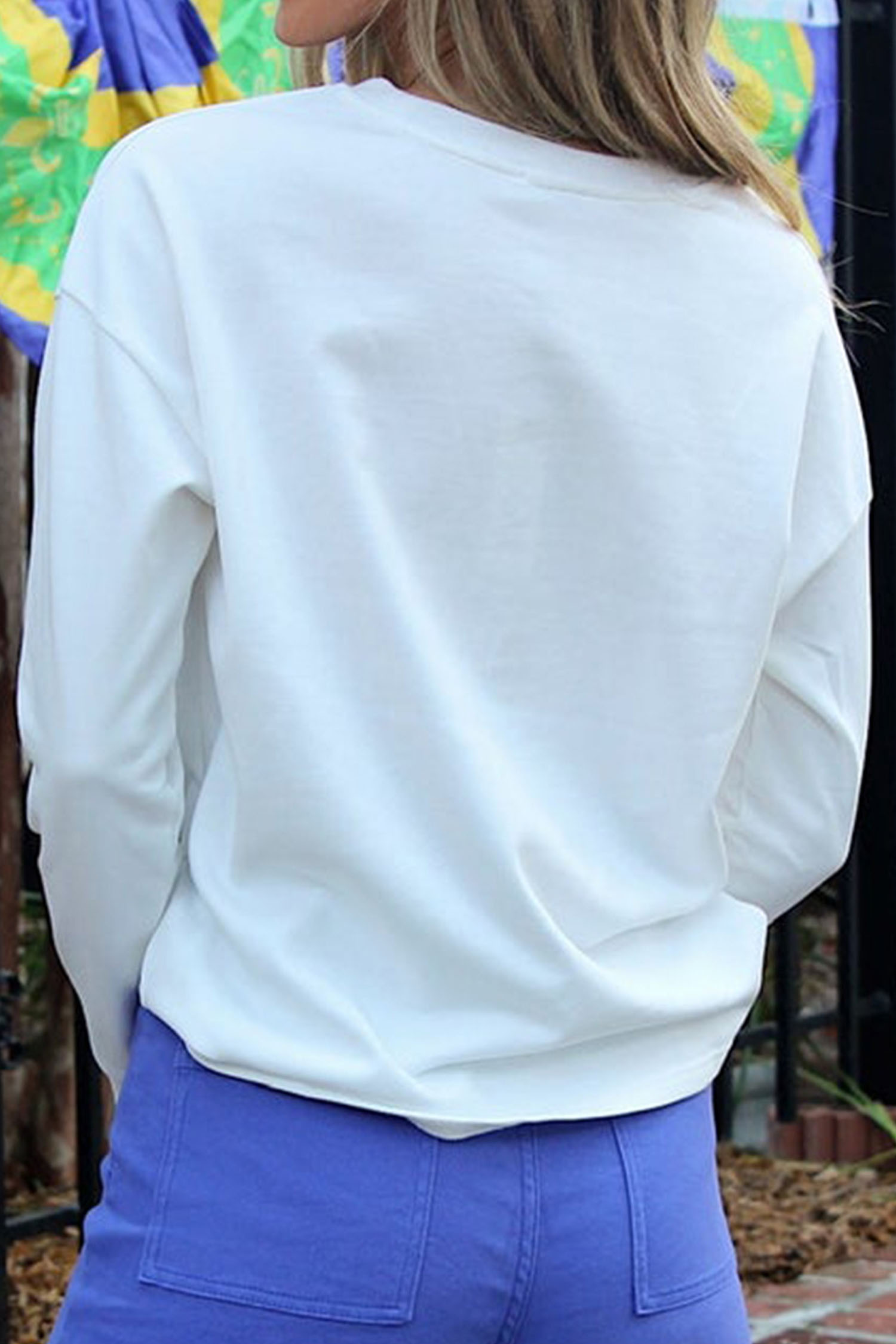 White LUCKY Clover Embroidered Long Sleeve Top