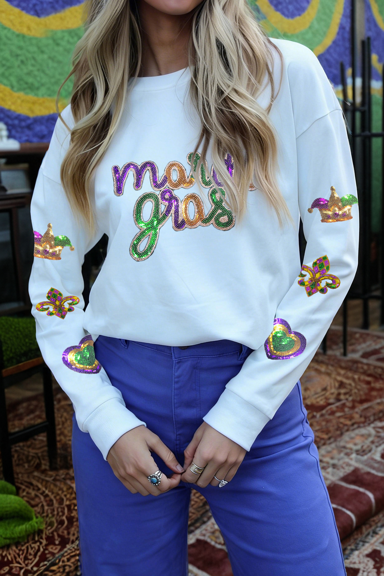 White LUCKY Clover Embroidered Long Sleeve Top