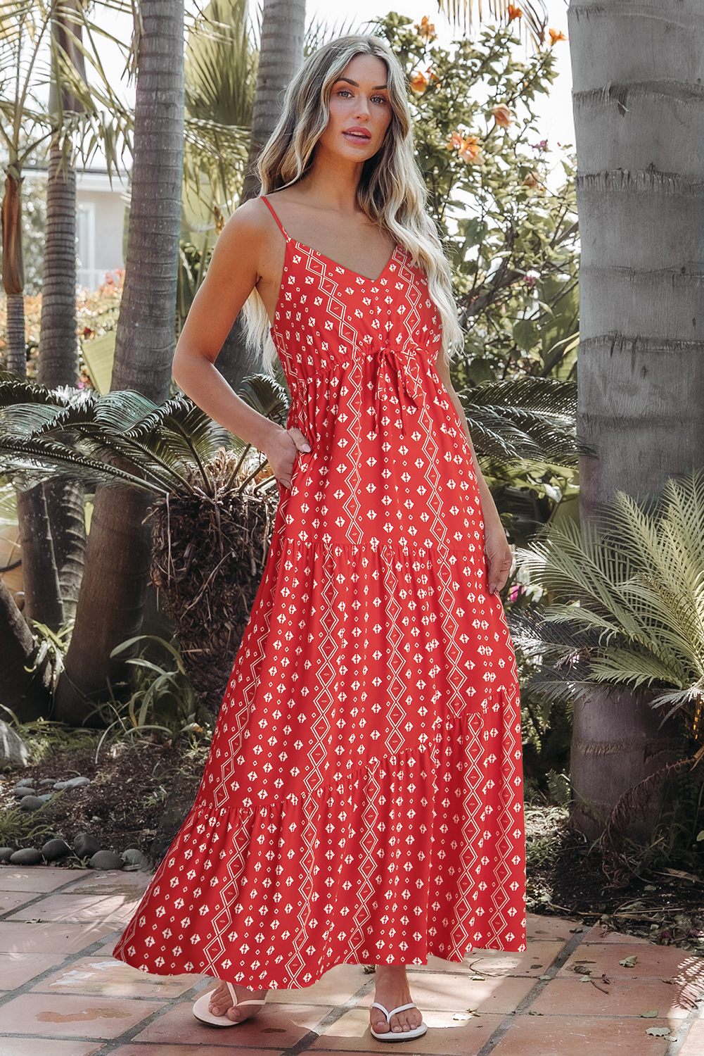 Red Boho Fashion Print Spaghetti Straps Drawstring Maxi Dress