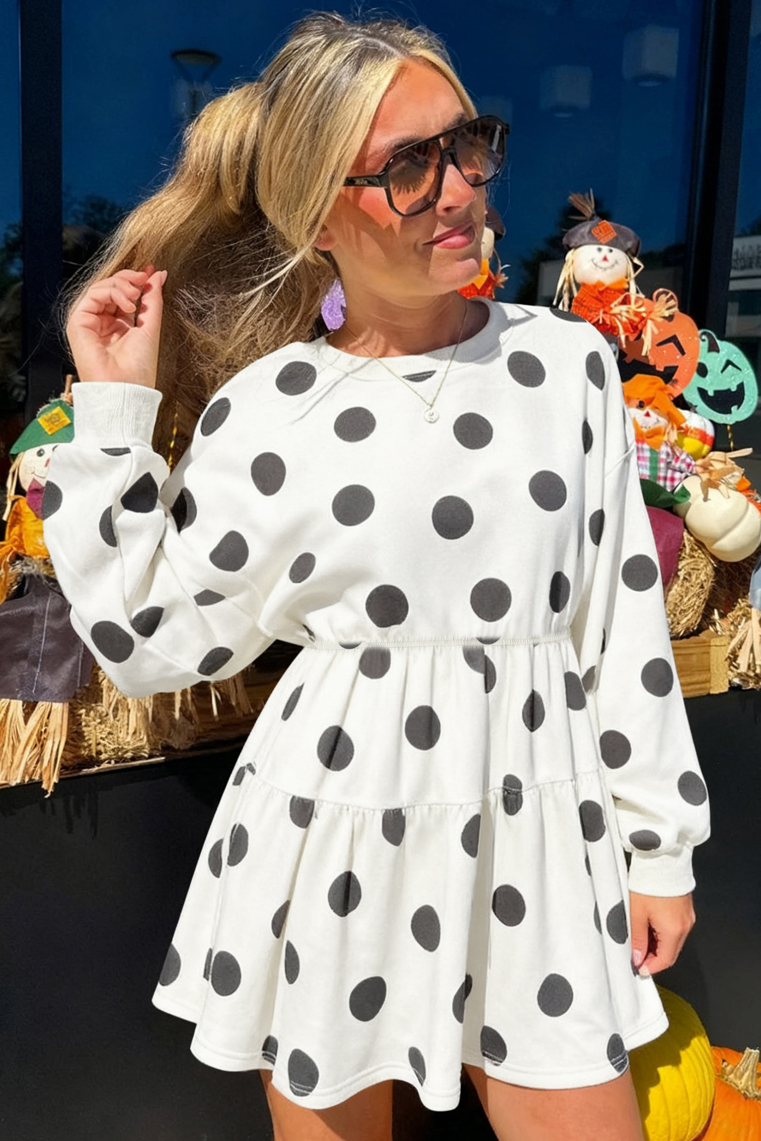Beige Polka Dot Print Drop Shoulder Pullover Drawstring Jogger Pant Set