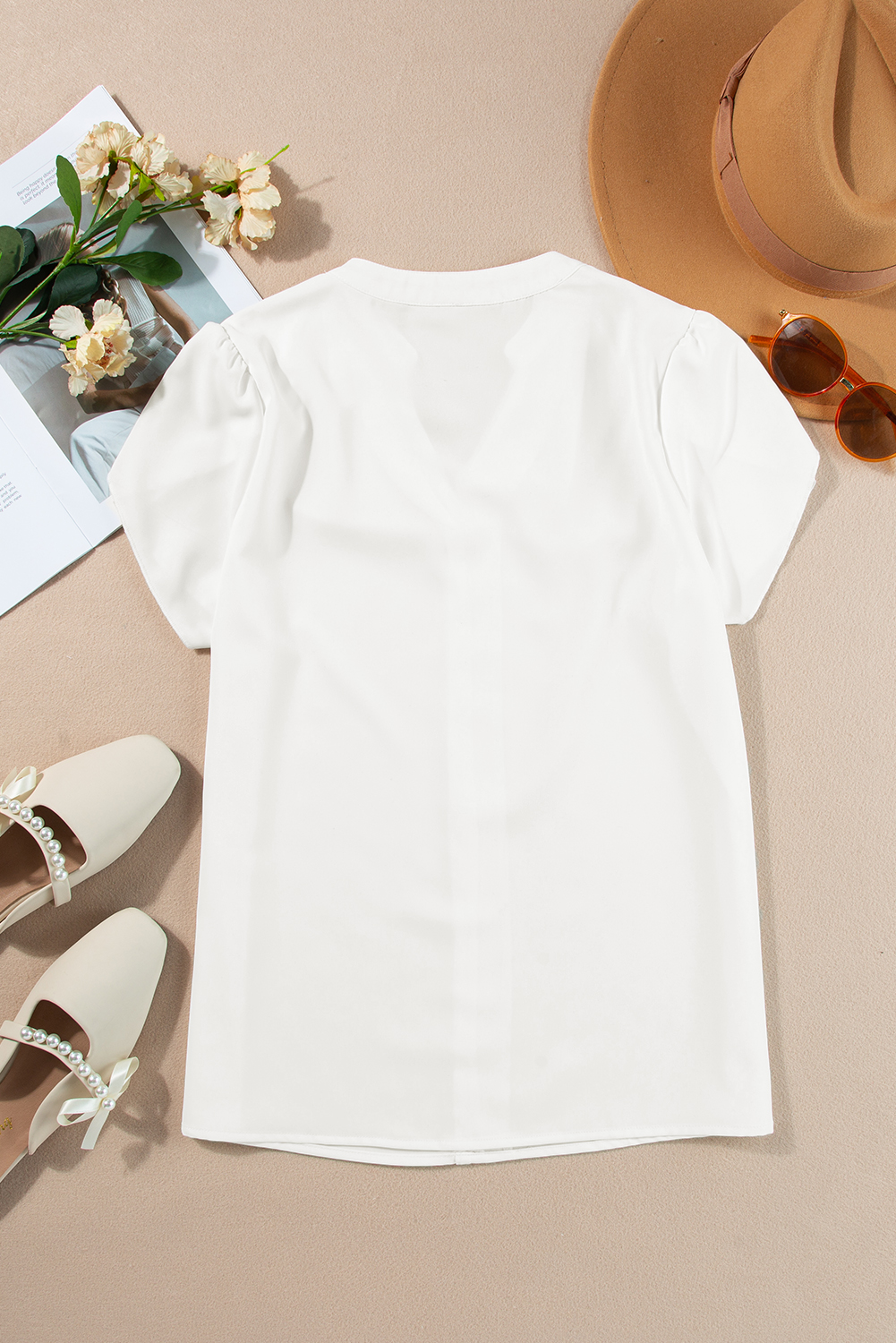 Black Silky Notched Neckline Petal Sleeve Blouse