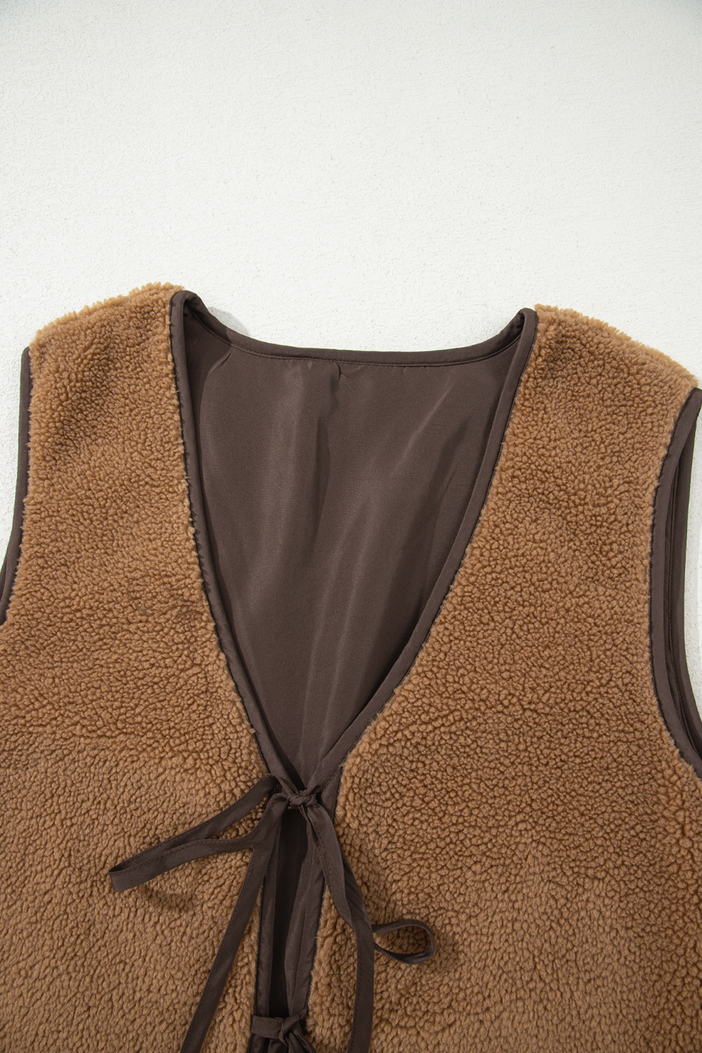 Light French Beige Contrast Trim Tie Front Sherpa Vest