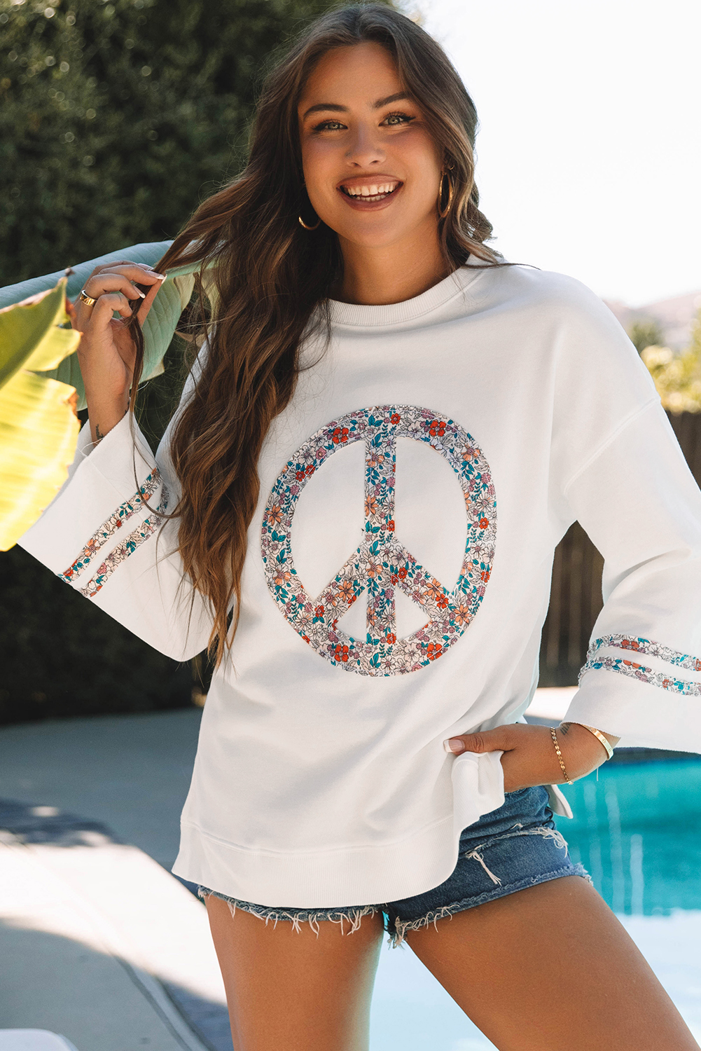 Beige Flower Patch Graphic Exposed Seam Wide Sleeve Top