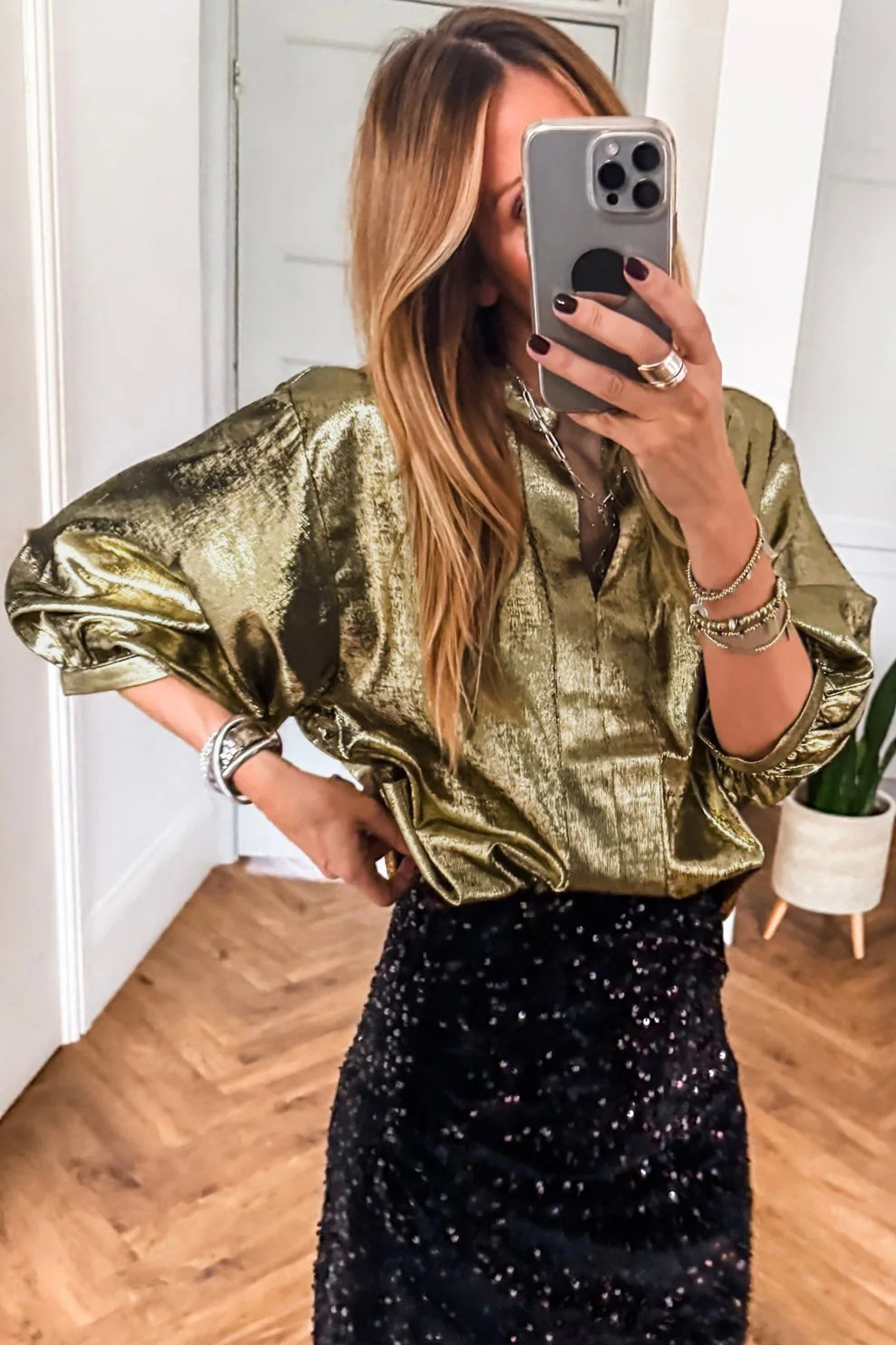 Apricot Metallic Round Neck Smocked Long Sleeve Blouse