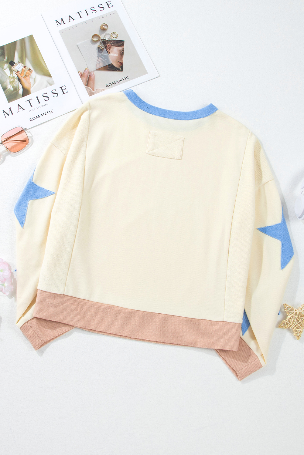 Beige Game Day Graphic Starry Patched Sleeve Contrast Trim Casual Sweatshirt