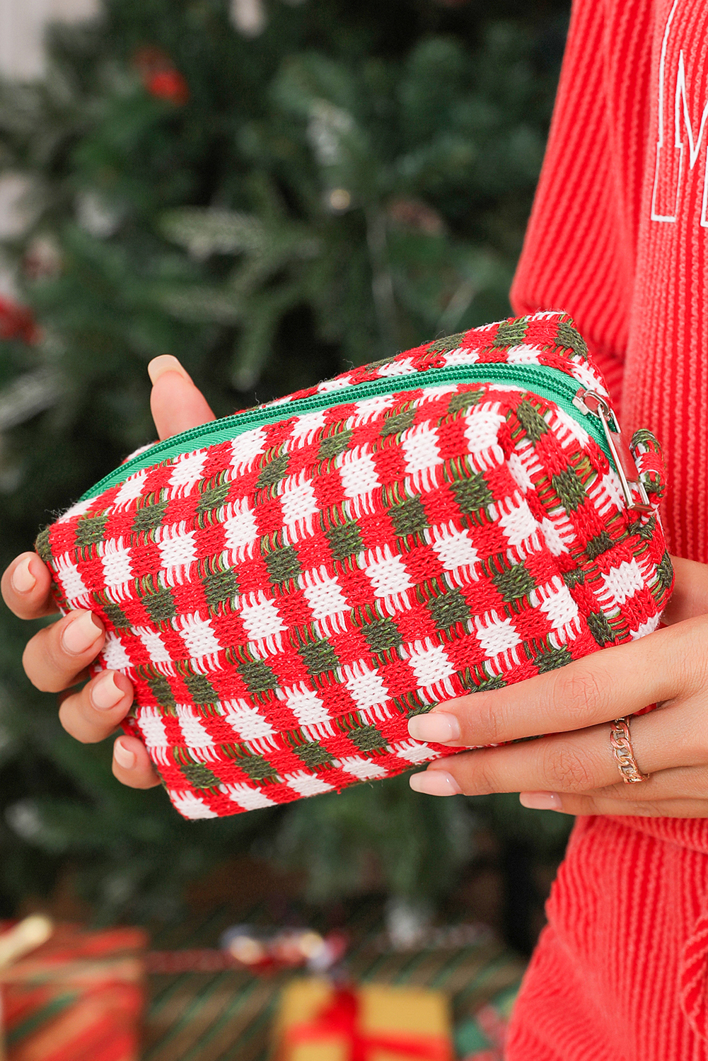 Racing Red Christmas Style Crochet Zipper Square Makeup Bag