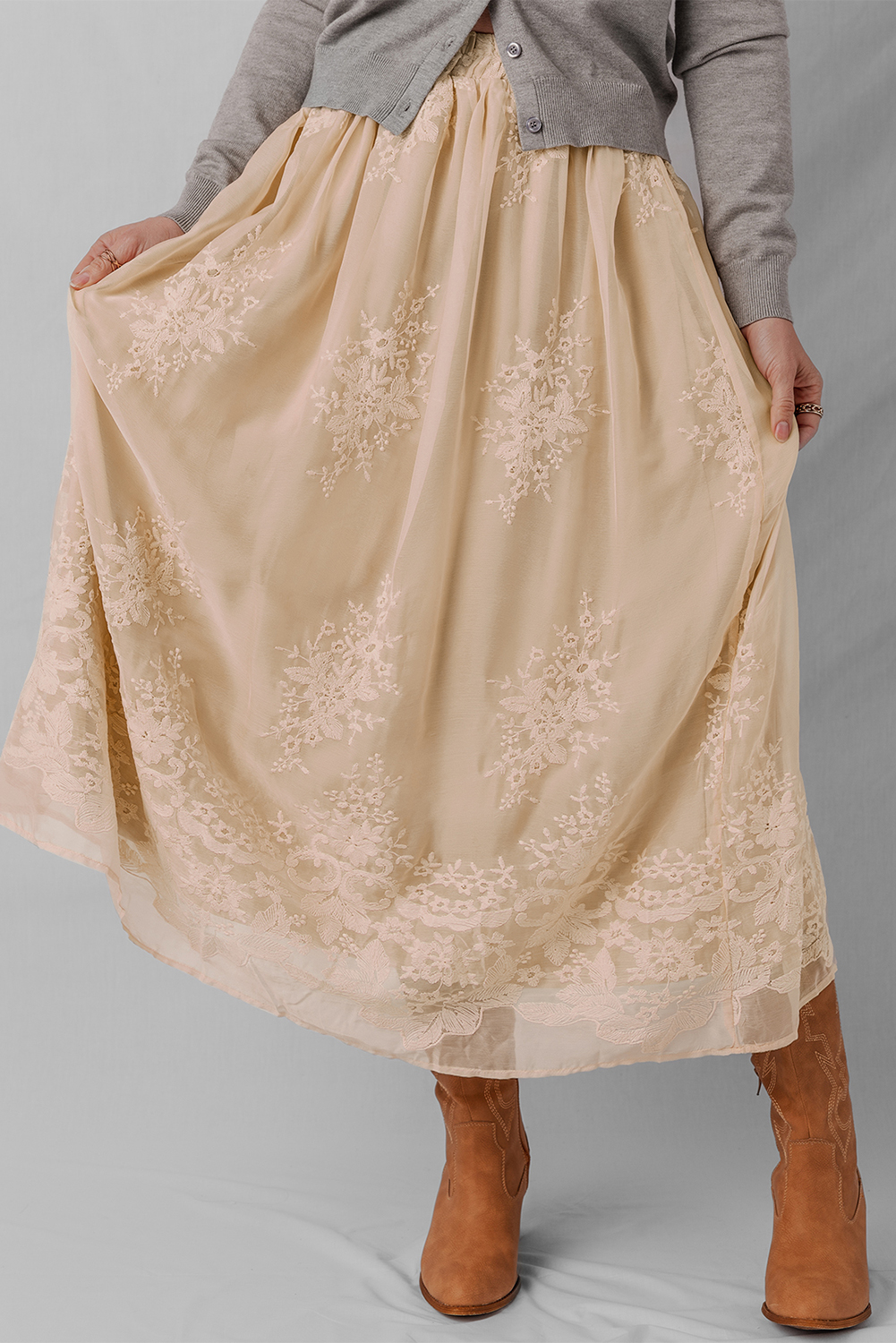 Oatmeal Embroidered Mesh Overlay Flowy Long Skirt