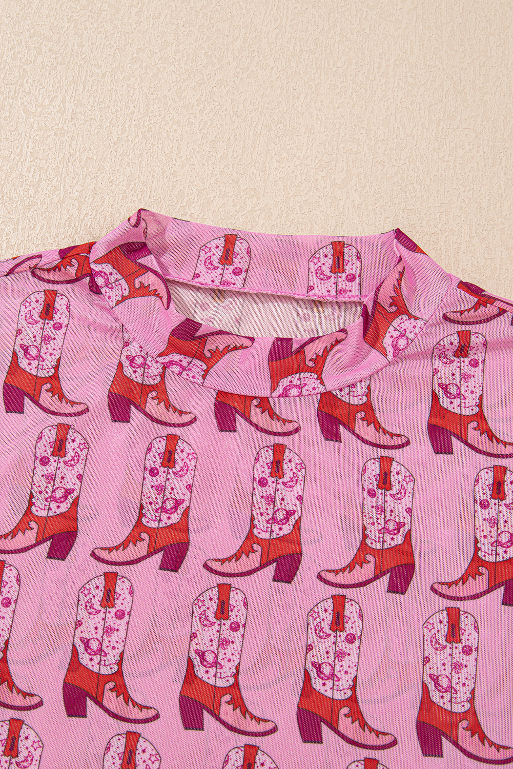 Pink Cowgirl Boots Printed Mock Neck Long Sleeve Mesh Top