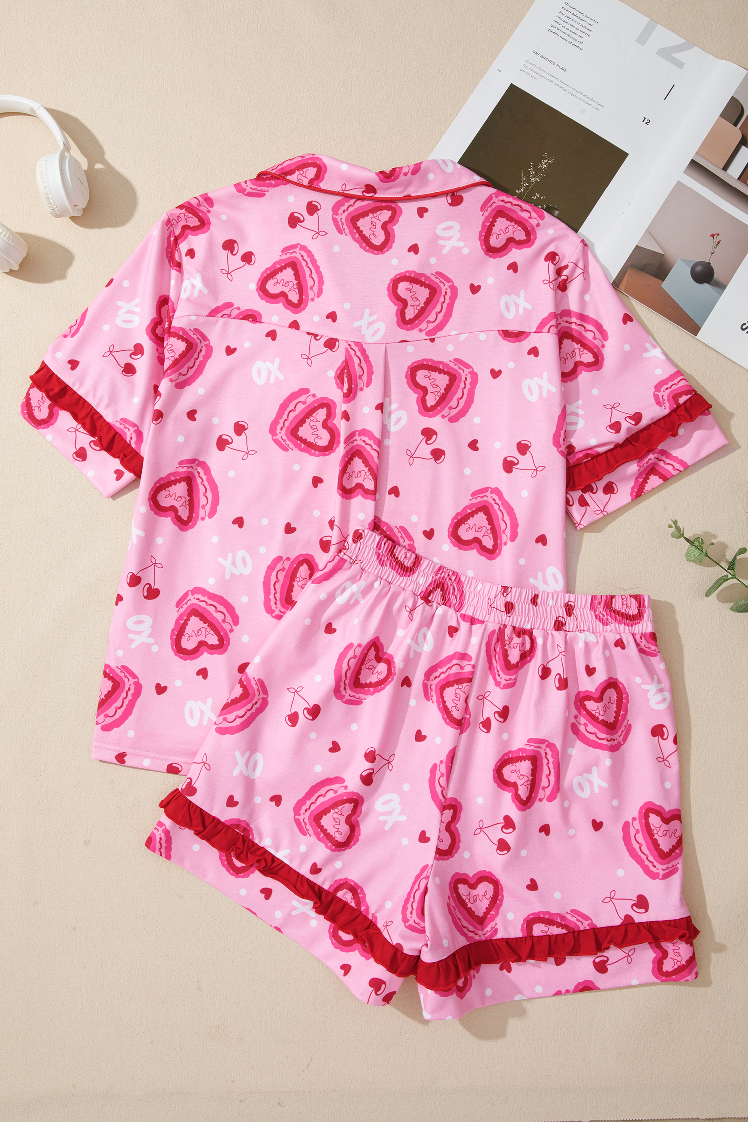 Pink Sweet Heart Cake Print Contrast Ruffle Trim Valentines 2pcs Pajama Set