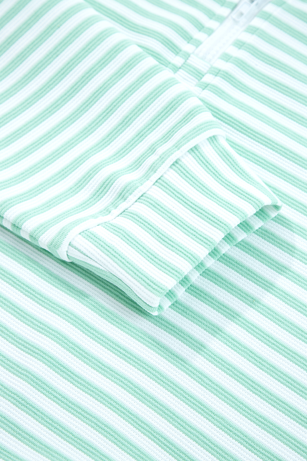 Green Stripe Quarter Zip Collar Pullover Long Sleeve Top