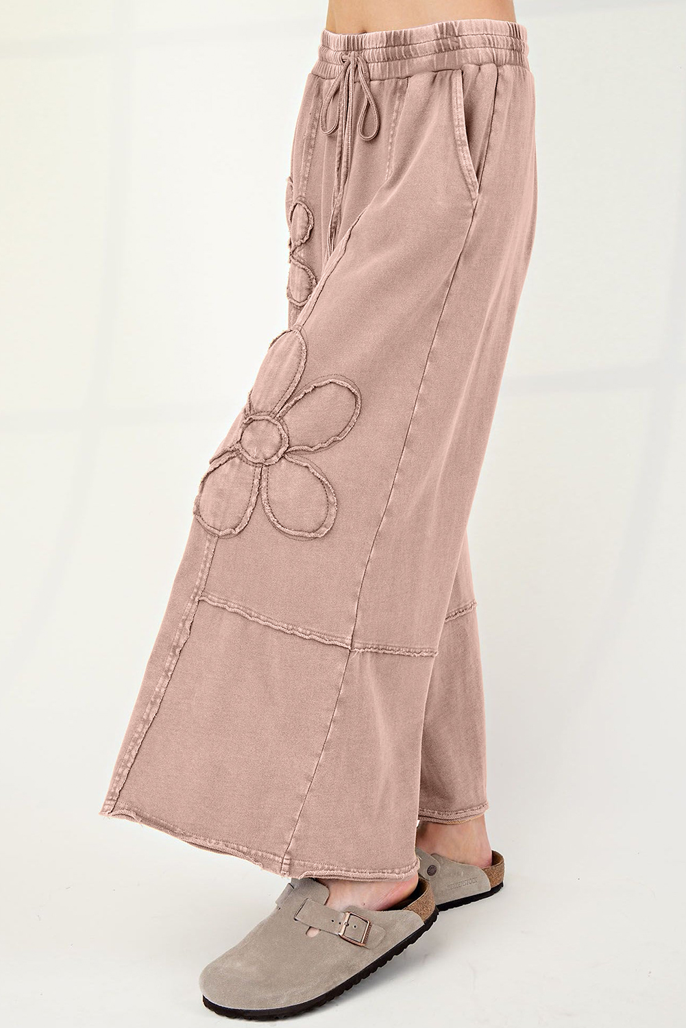 Light Grey Flower Patch Mineral Washed Terry Knit Cropped Wide Leg Pants