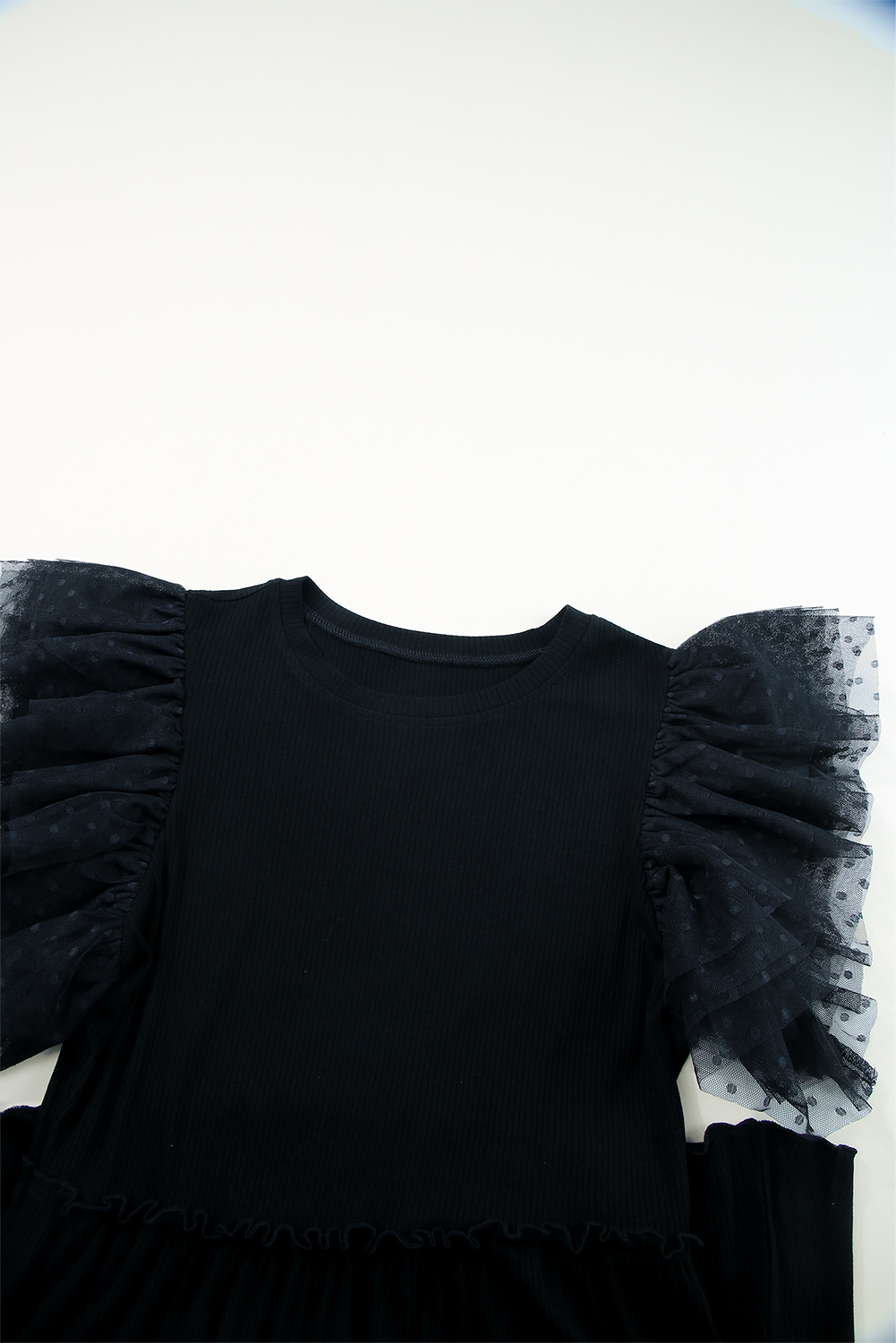 Black Dotty Mesh Ruffle Sleeve Ribbed Knit Babydoll Mini Dress