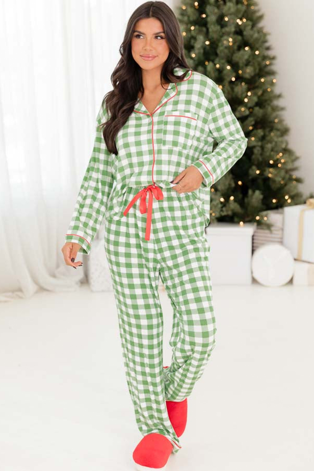 Fiery Red Christmas Plaid Print Shirt and Pants Pajama Set