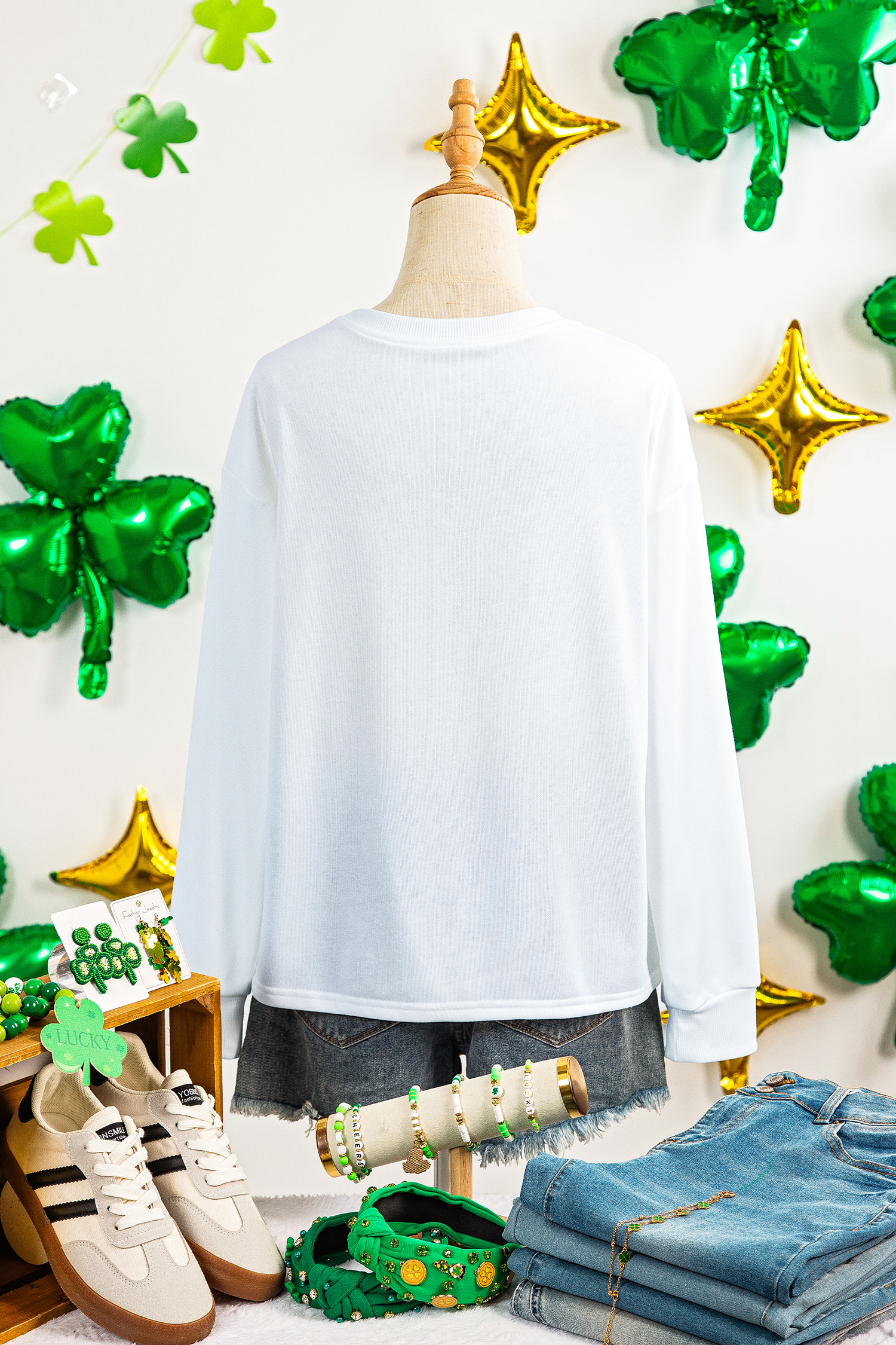 White LUCKY Clover Embroidered Long Sleeve Top