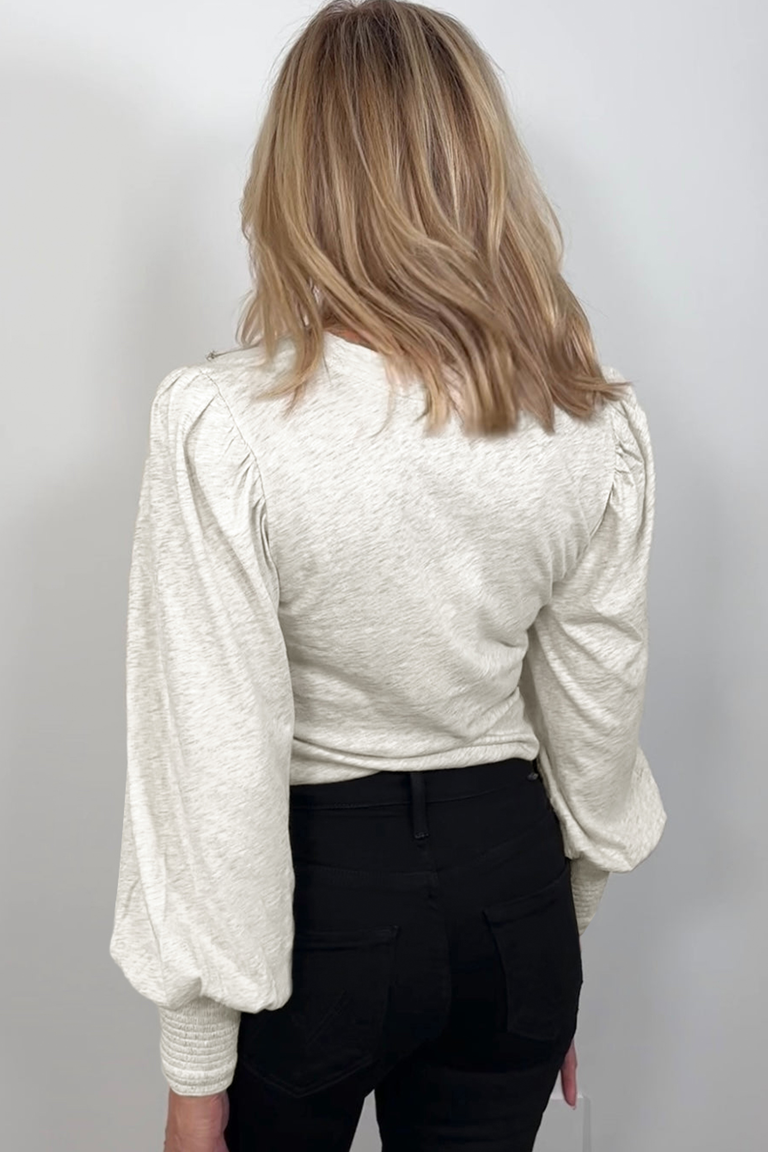 Oatmeal Shirred Cuffs Puff Sleeve Peasant Top