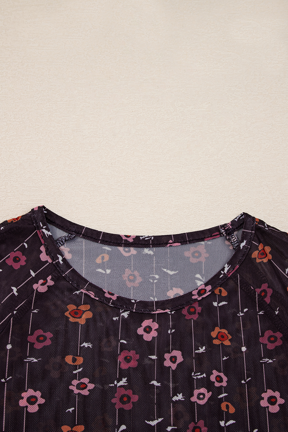 Dear Lover Black Floral Print Smocked Cuff Slim Fit Mesh Bodysuit