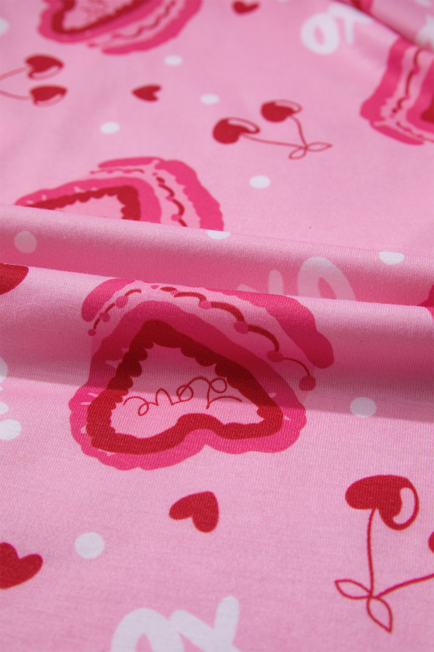 Pink Sweet Heart Cake Print Contrast Ruffle Trim Valentines 2pcs Pajama Set