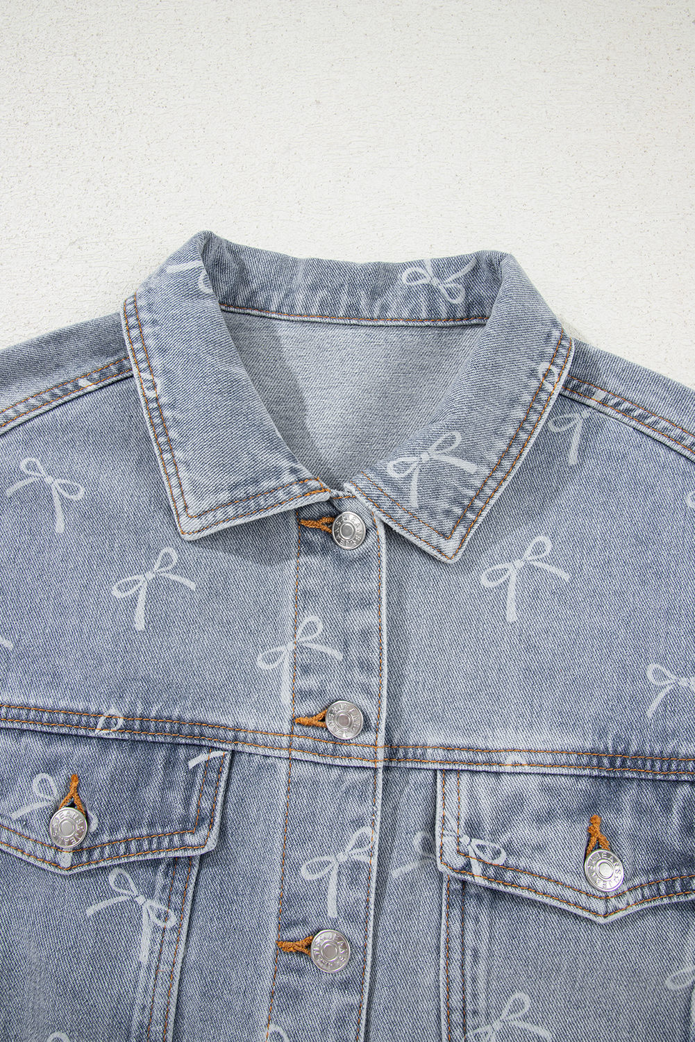 Sky Blue Bow Knot Print Light Wash Raw Hem Denim Jacket