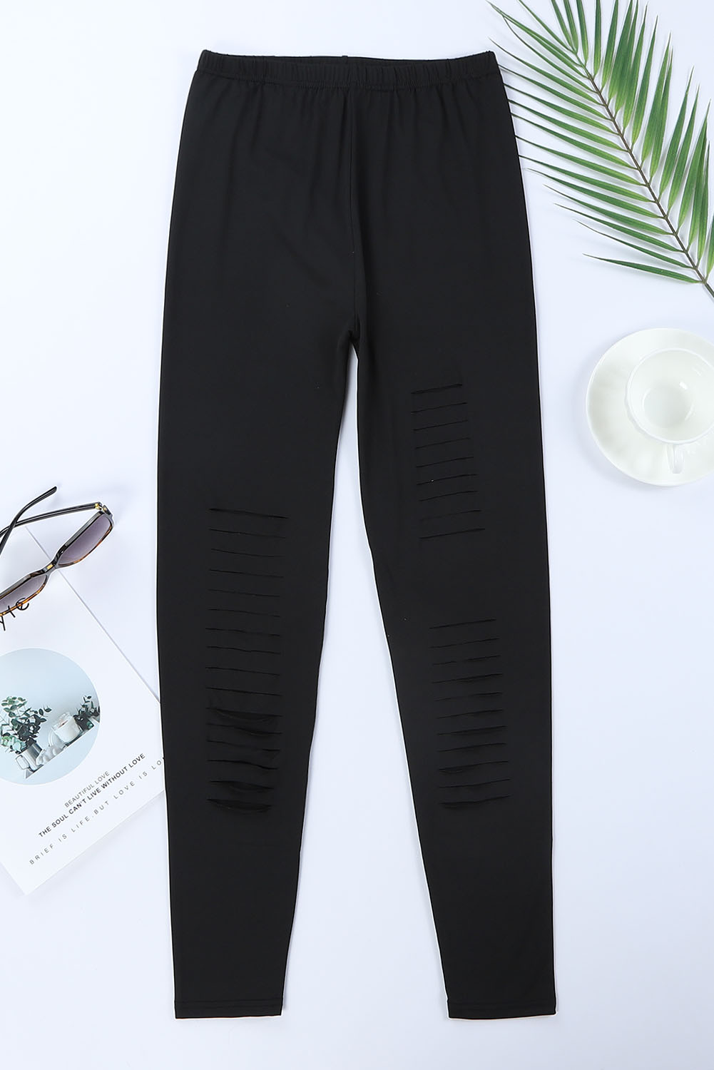 Black Solid Color High Waist Ripped Leggings