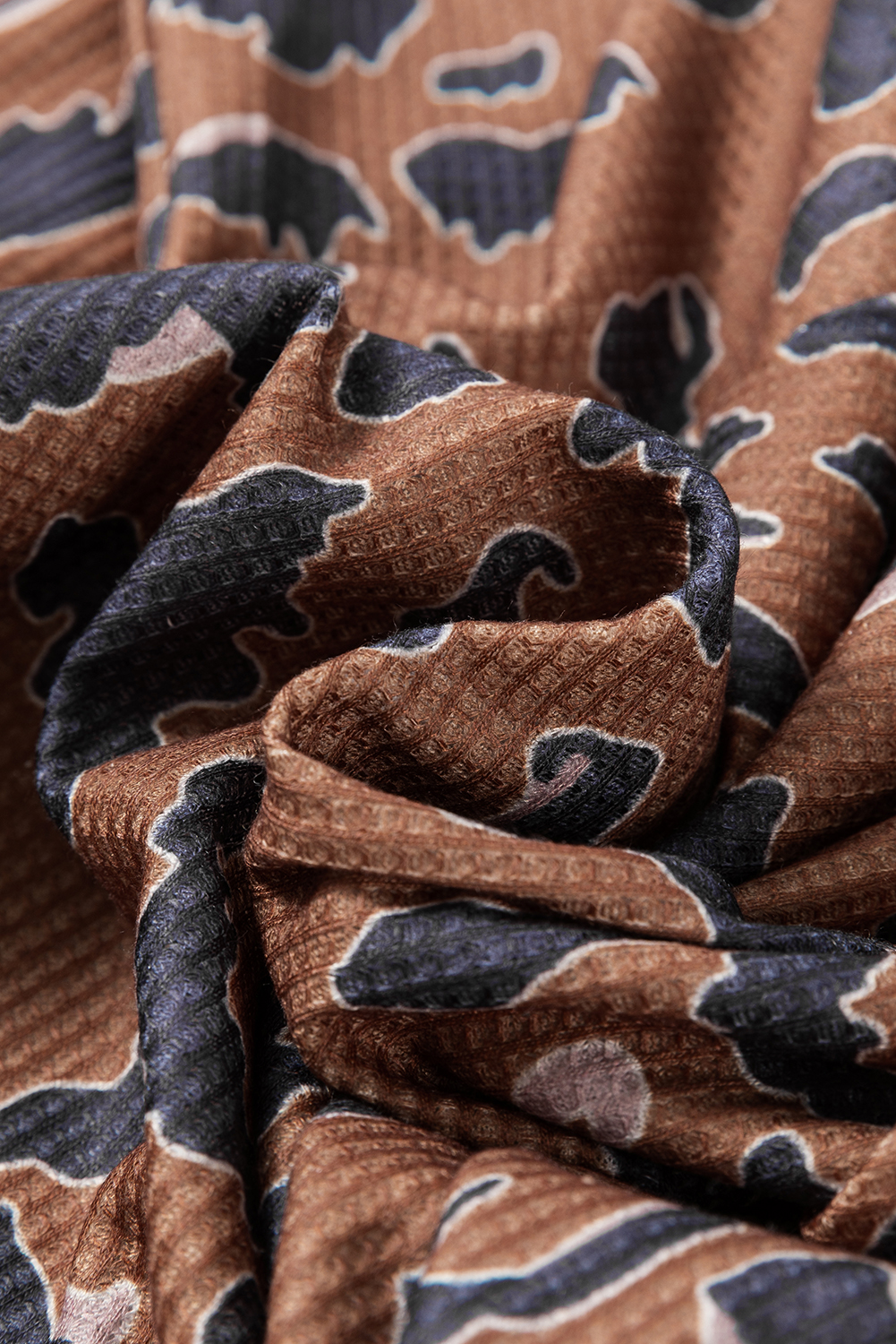 Brown Leopard Contrast Waffle Knit Twist Hem V Neck Top