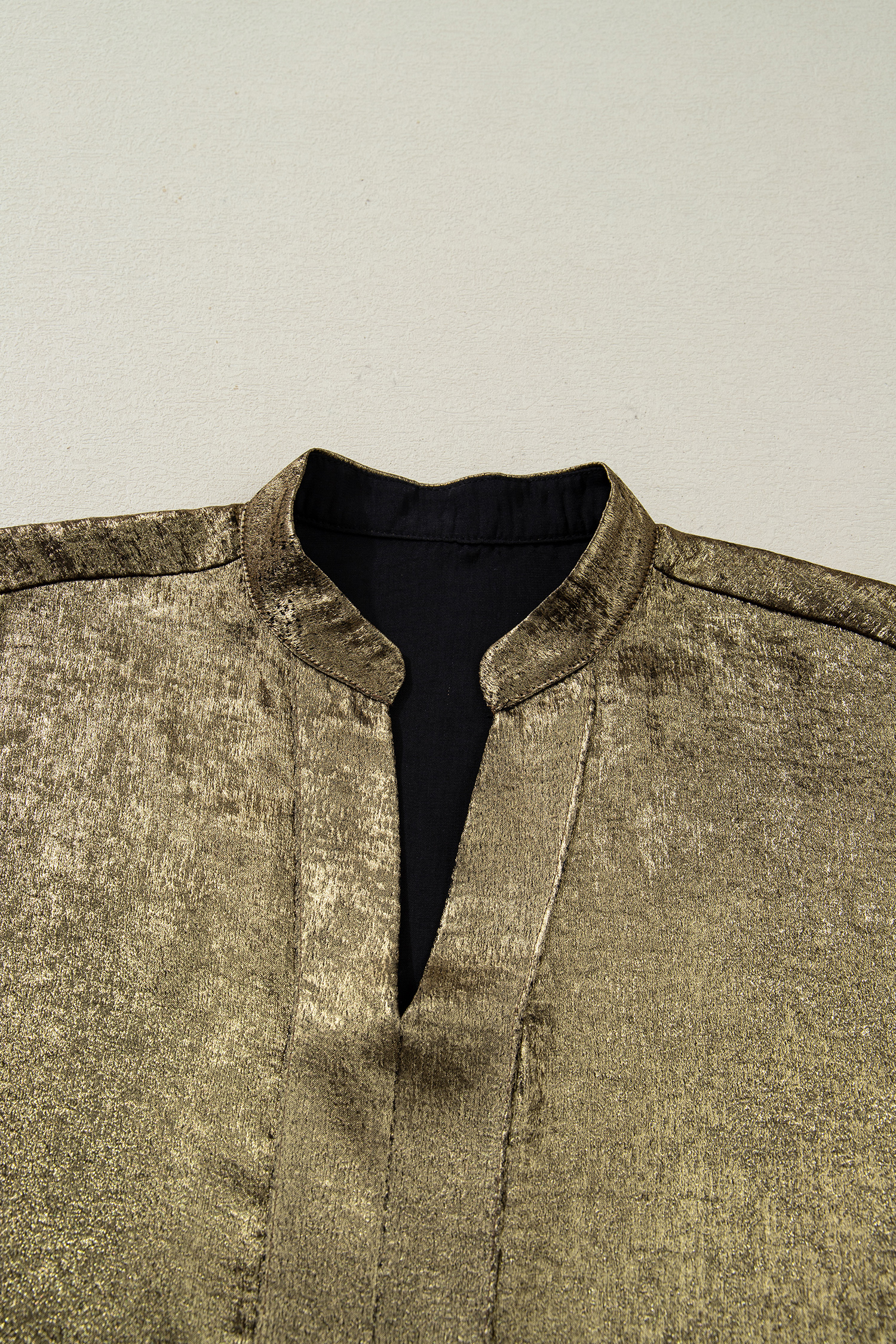 Apricot Metallic Round Neck Smocked Long Sleeve Blouse