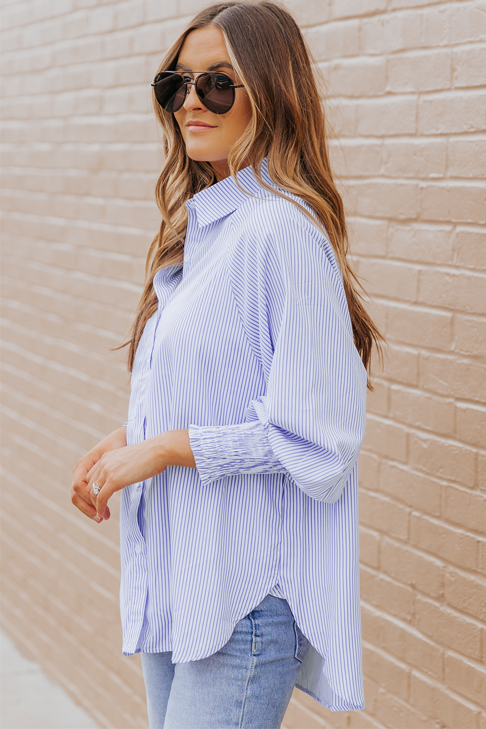 Red Stripe Smocked Cuffed Striped Boyfriend Shirt with Pocket