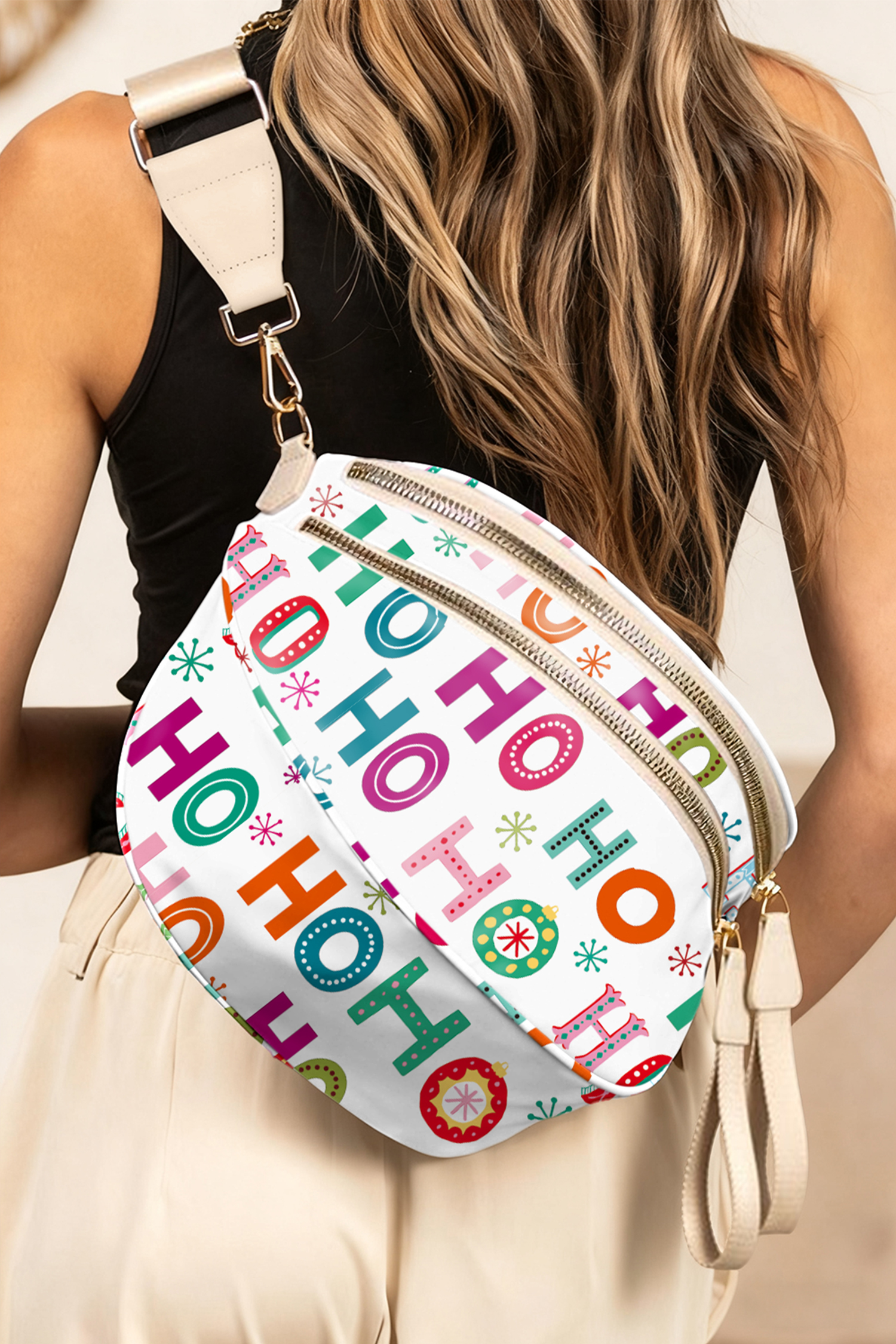 Fiery Red Christmas Theme Double Zip PU Leather Crossbody Bag