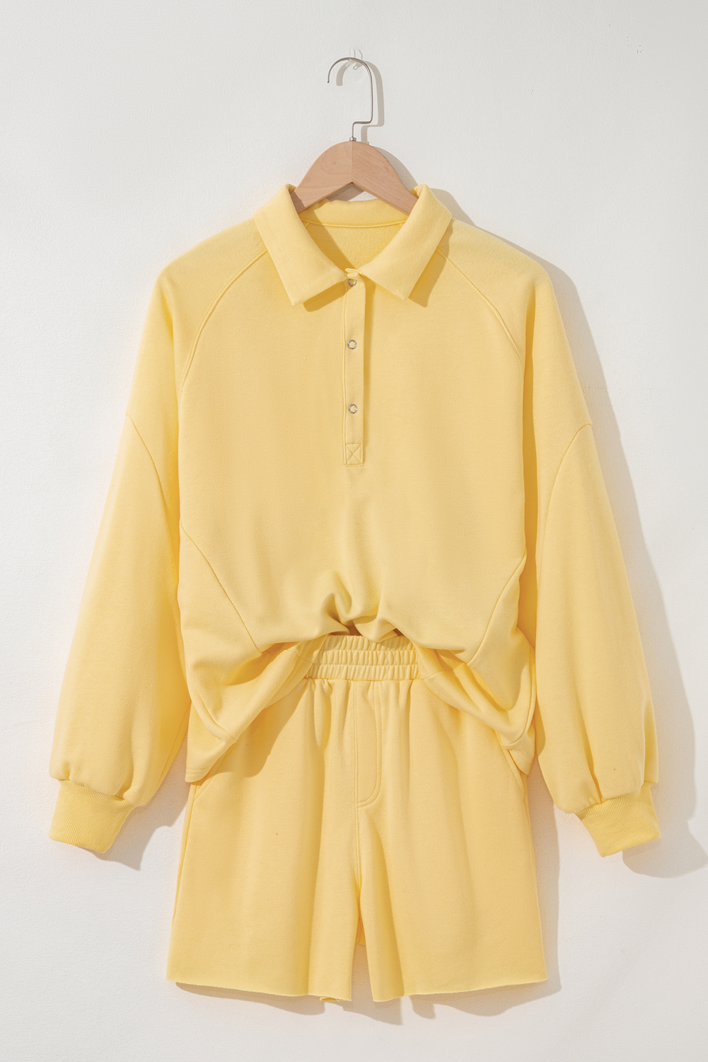 Yellow Cream Button Collar Drop Shoulder Pullover and Shorts 2pcs Outfit