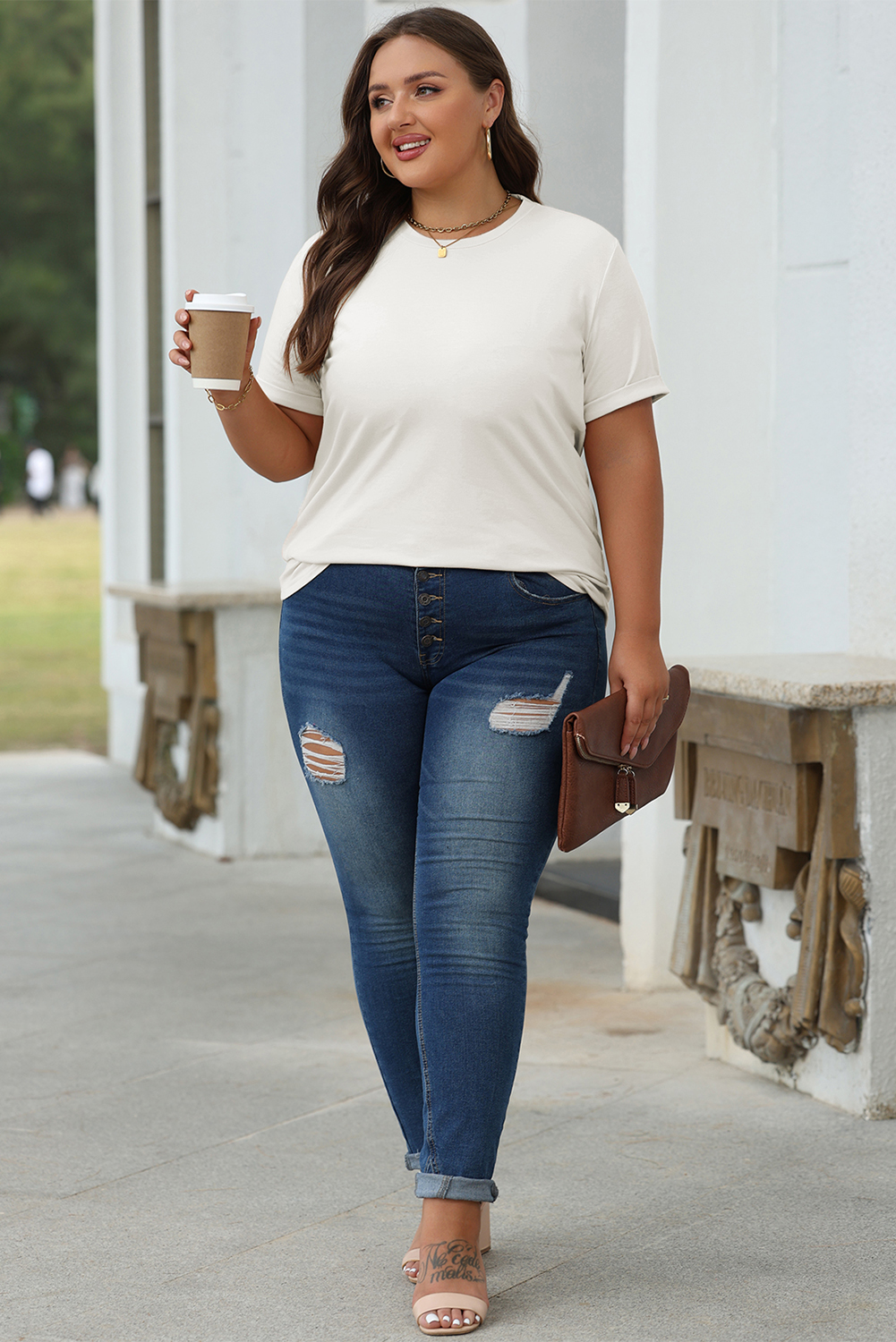 Khaki Casual Plain Crew Neck Tee