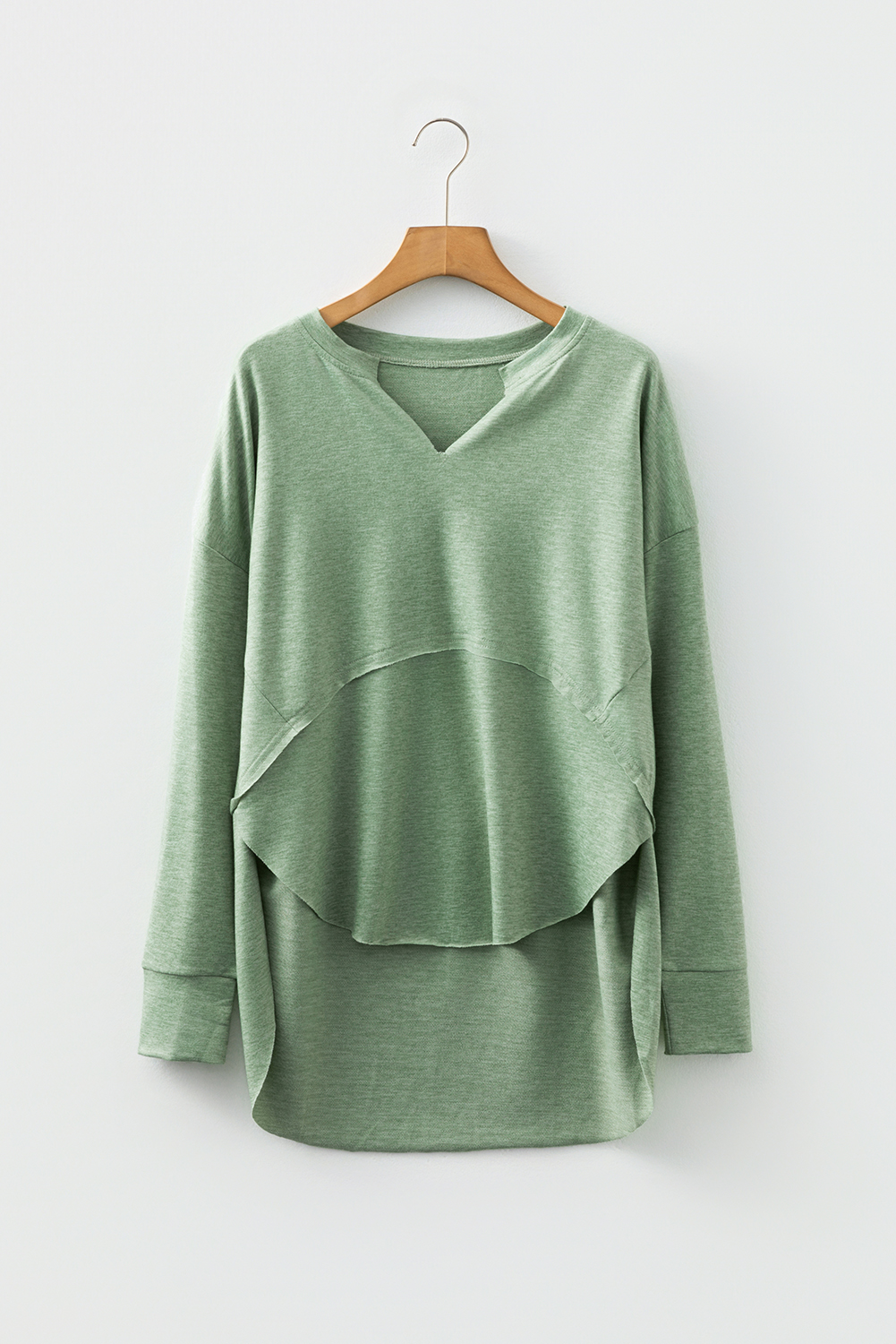 Myosotis Notched Neck Terry Raw Hem Long Sleeve Top
