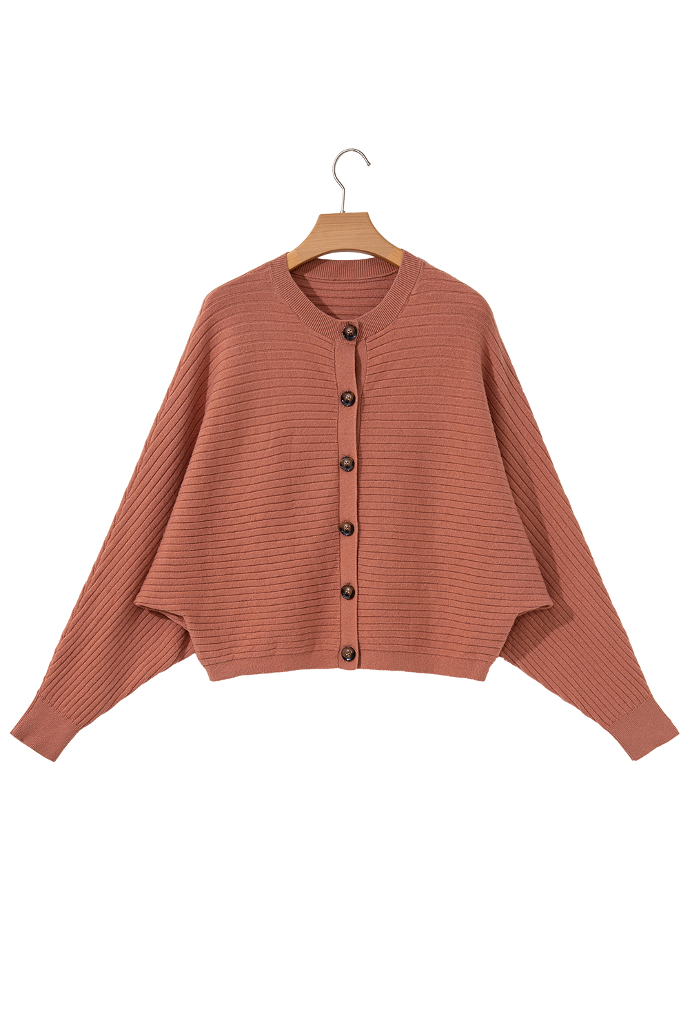 Apricot Pink Wide Rib Knit Button Front Dolman Sleeve Sweater Cardigan