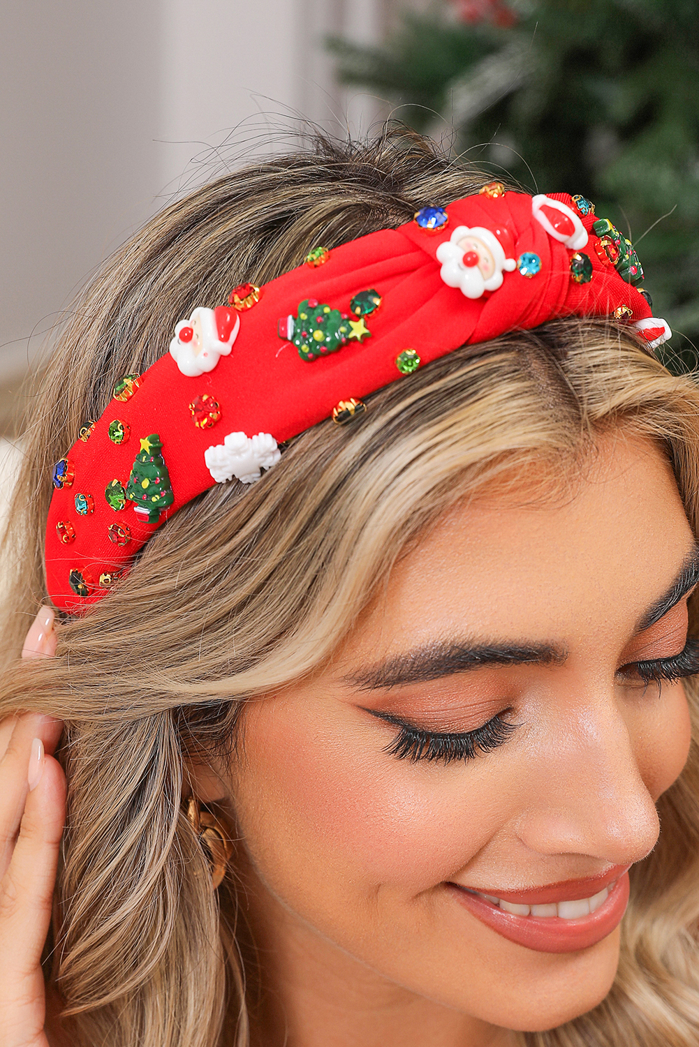 Fiery Red Cartoon Christmas Pattern Rhinestone Knotted Headband