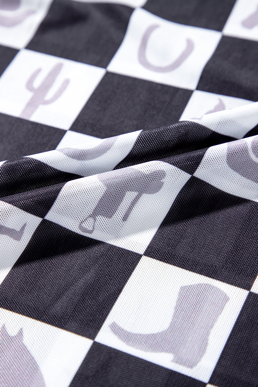 Khaki Checkered Pattern Mesh Mock Neck Long Sleeve Top