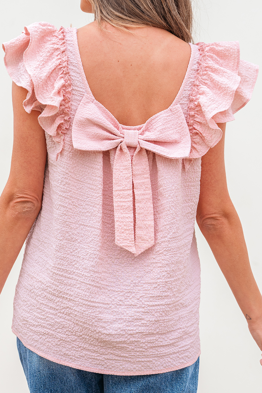 Beau Blue Textured Bow Knot Frilled Butterfly Sleeve Blouse