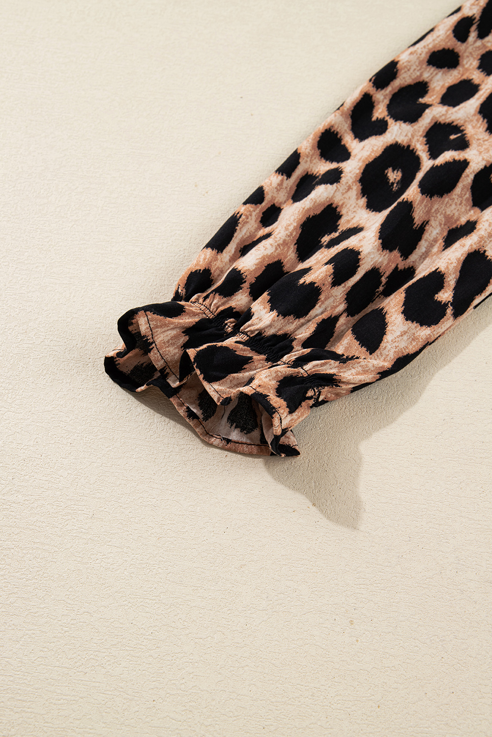 Four Leaf Clover Collared V Neck Smocked Detail Contrast Leopard Trim Bracelet Sleeve Long Dress