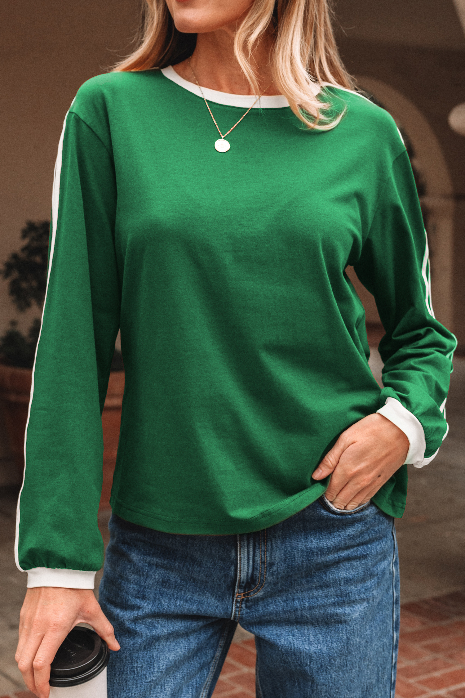 Dark Brown Varsity Striped Accent Contrast Crew Neck Long Sleeve T Shirt