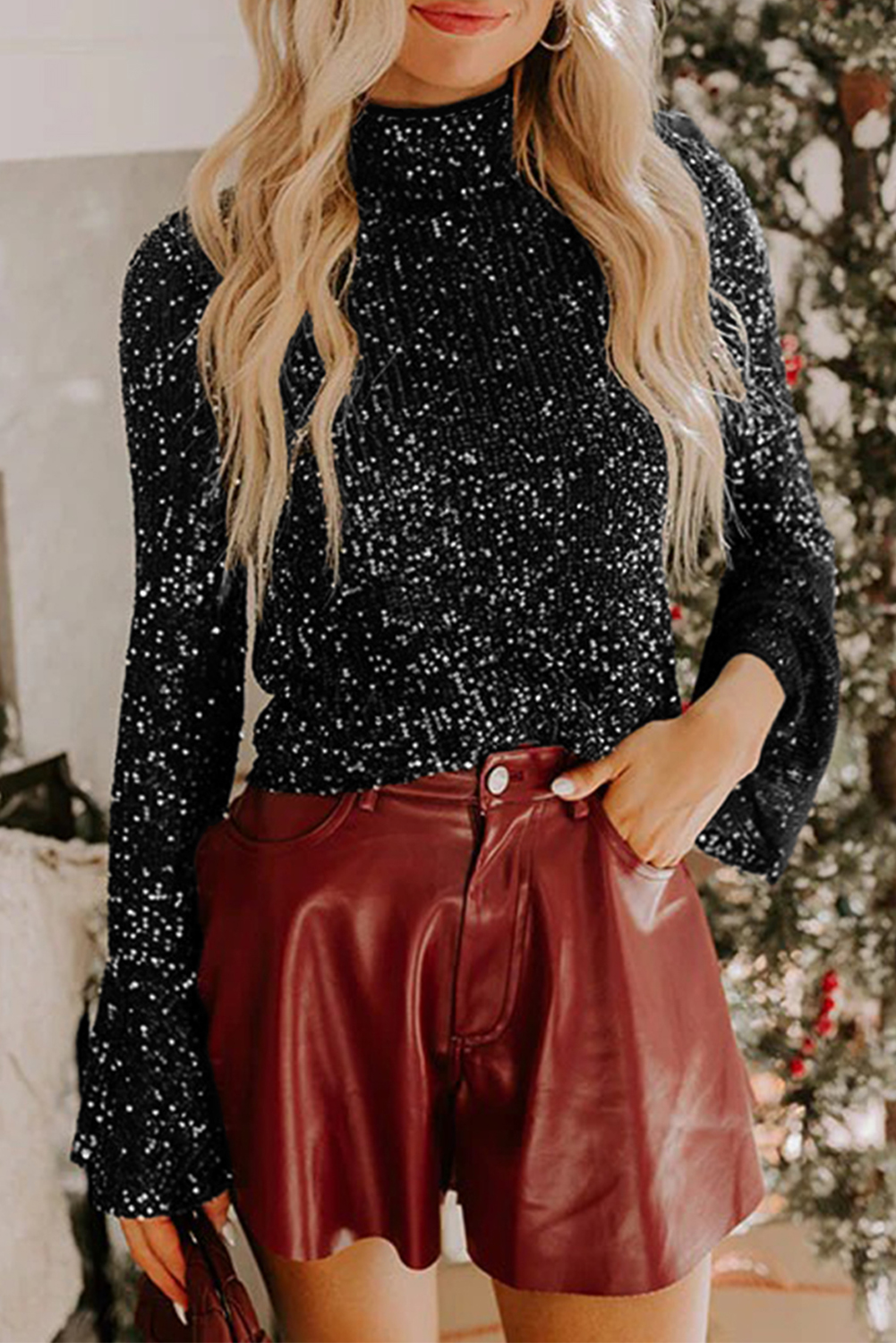 Jet Stream Sequin Mock Neck Drape Open Back Bell Sleeve Top