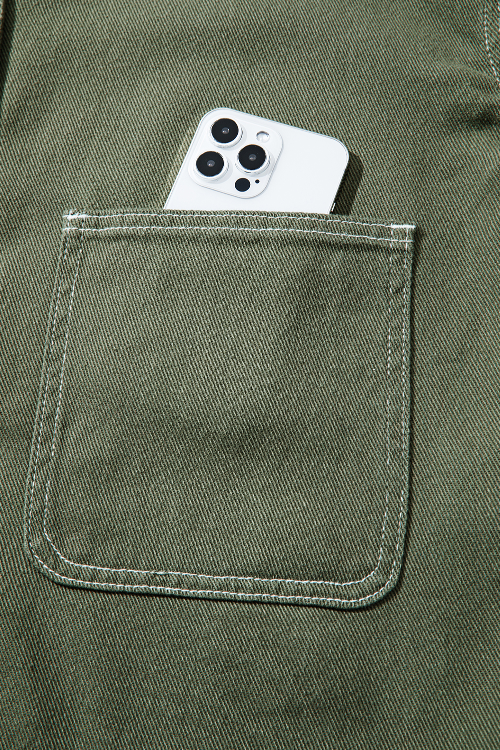 Smoke Green Patched Pocket Collared Button Front Boyfriend Denim Jacket